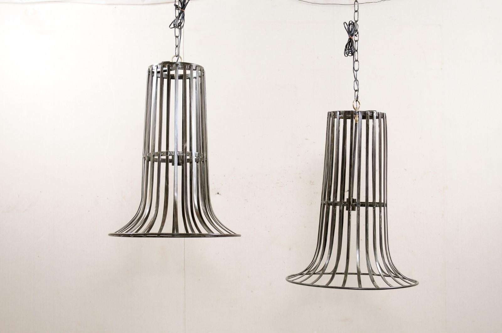 Metal Custom Pair of Unique Hanging Lights from Repurposed French Iron-Baskets For Sale