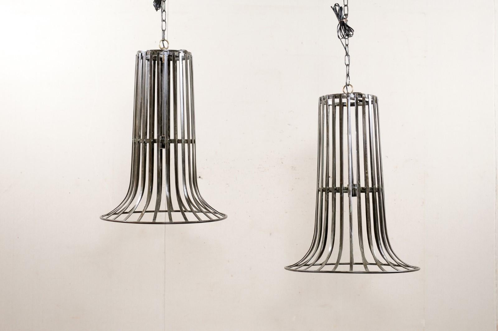Custom Pair of Unique Hanging Lights from Repurposed French Iron-Baskets For Sale 1