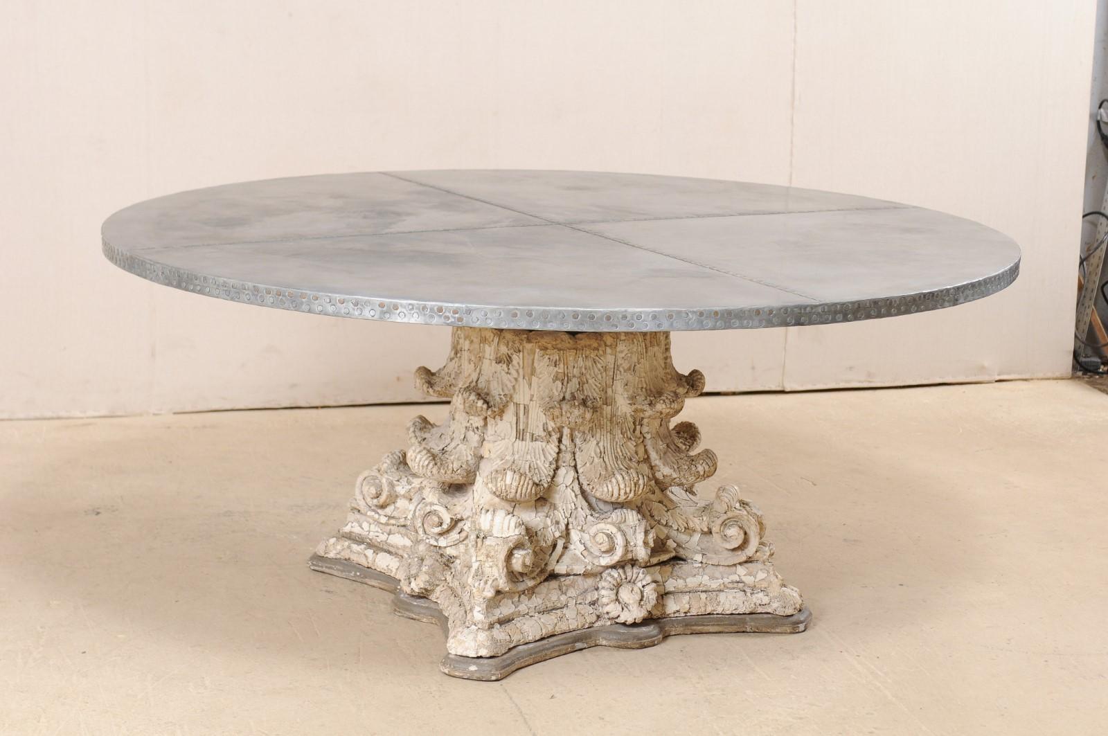A custom zinc top table a custom zinc top and early 20th century capital base dining table. This fabulous custom table has been fashioned from the base of an antique American plaster and terracotta column, heavily adorn in acanthus leaf motif,