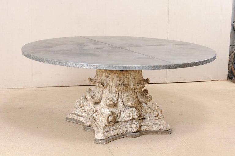 Custom 5.74 Ft. Round Zinc Top Table w/ Beautiful Antique Capital