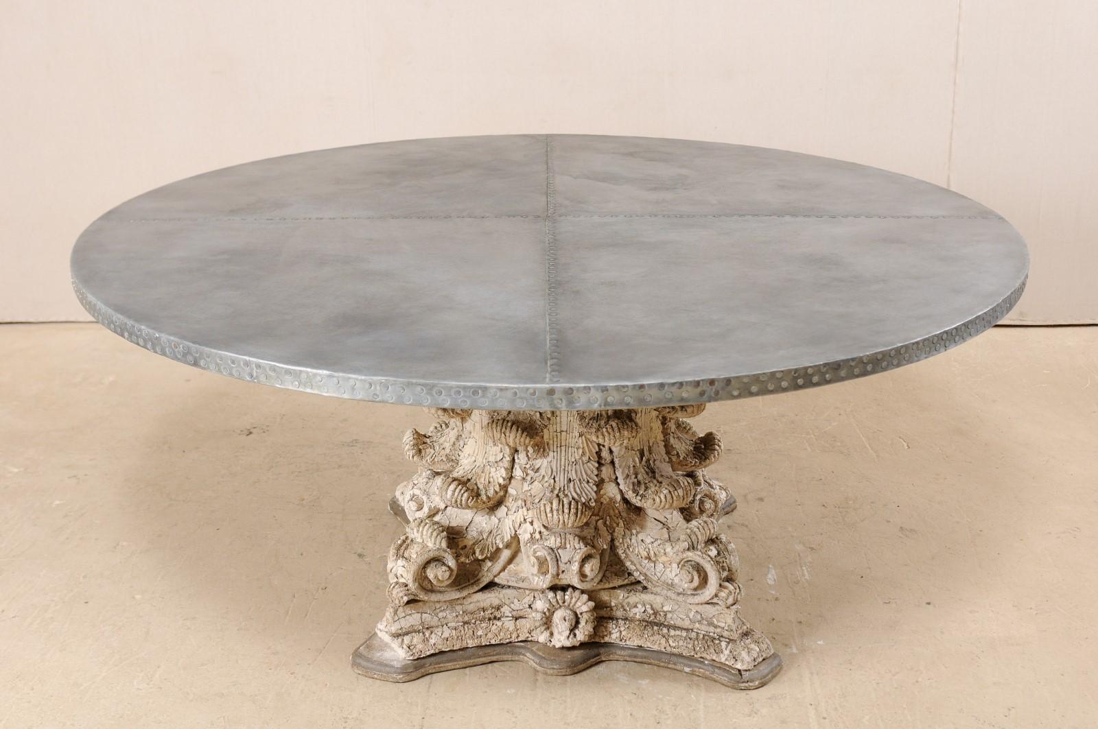 American Custom 5.74 Ft. Round Zinc Top Table w/ Beautiful Antique Capital Pedestal Base