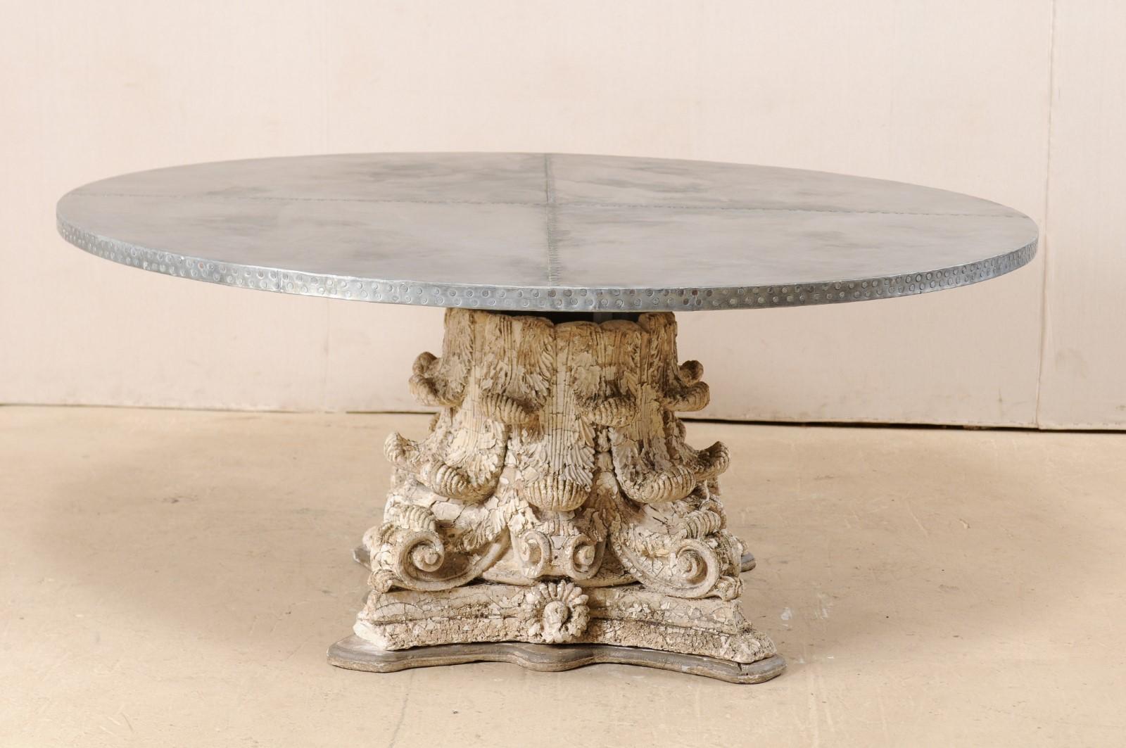 Custom 5.74 Ft. Round Zinc Top Table w/ Beautiful Antique Capital Pedestal Base In Good Condition In Atlanta, GA