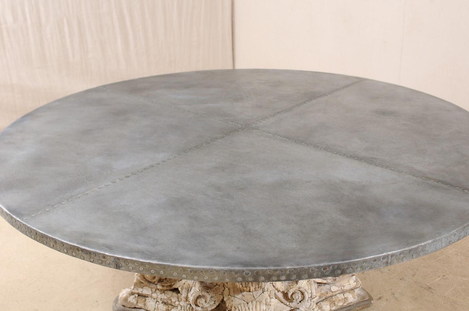 Custom 5.74 Ft. Round Zinc Top Table w/ Beautiful Antique Capital Pedestal Base 1
