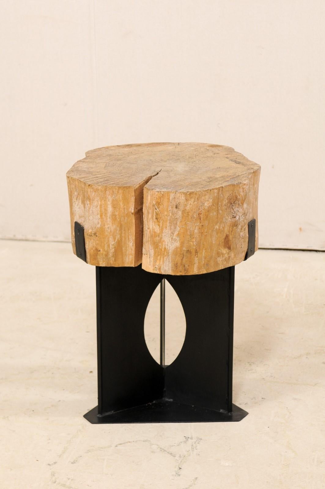 Modern Custom Side/Drinks Table with European Chopping Block Top & Iron Base For Sale