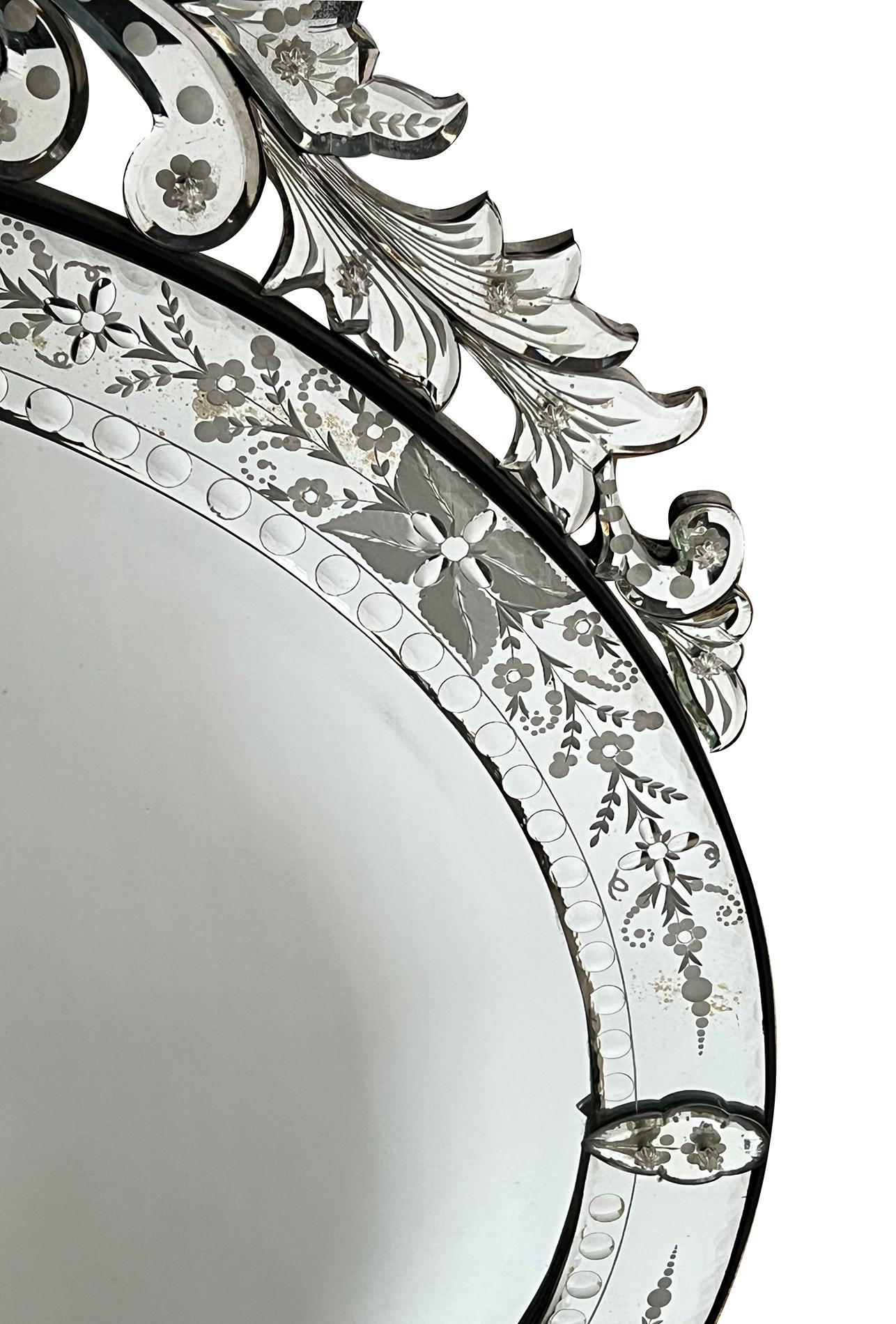 American A Custom Venetian Style Circular Mirror with Ornate Butterfly & Floral Crest  For Sale