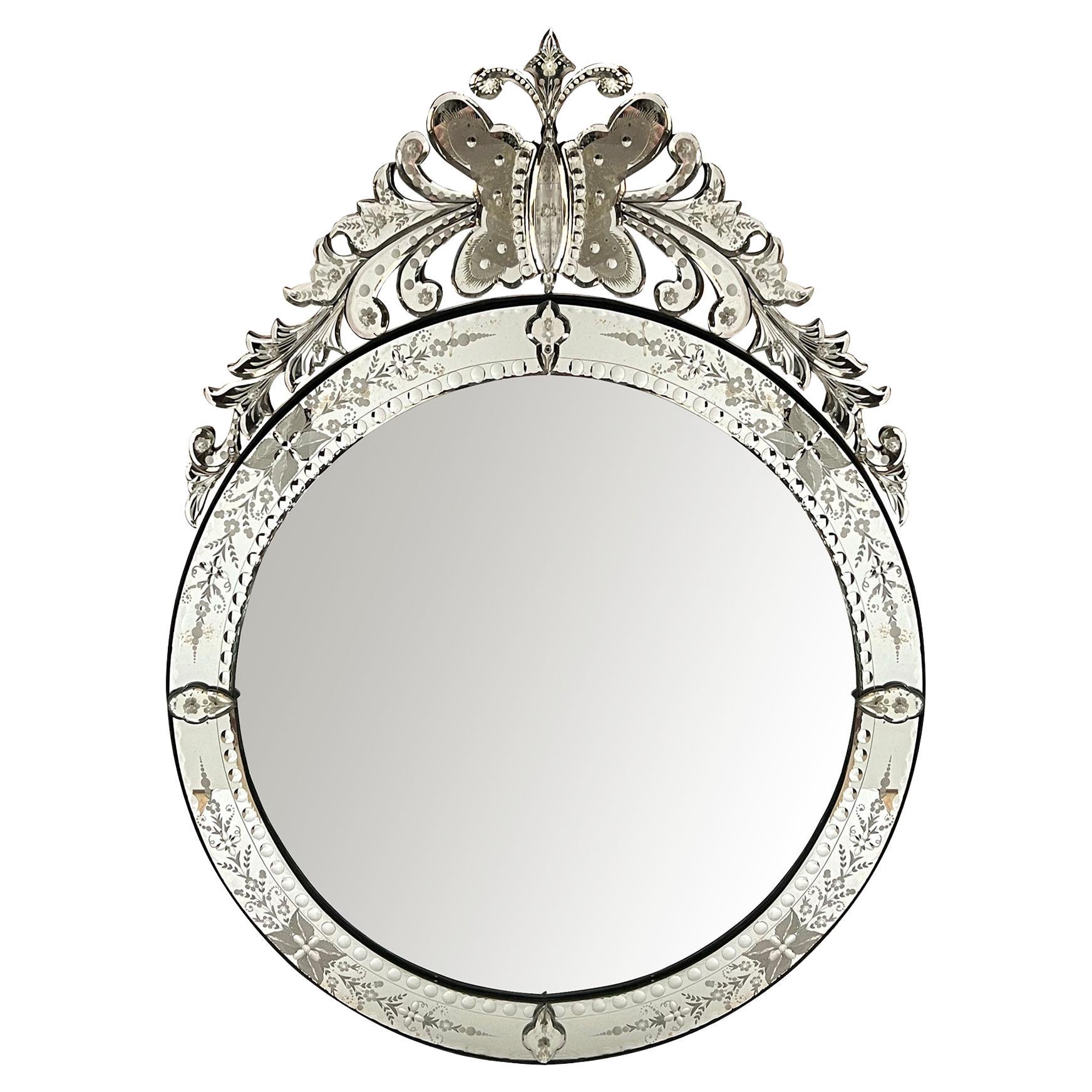 A Custom Venetian Style Circular Mirror with Ornate Butterfly & Floral Crest 