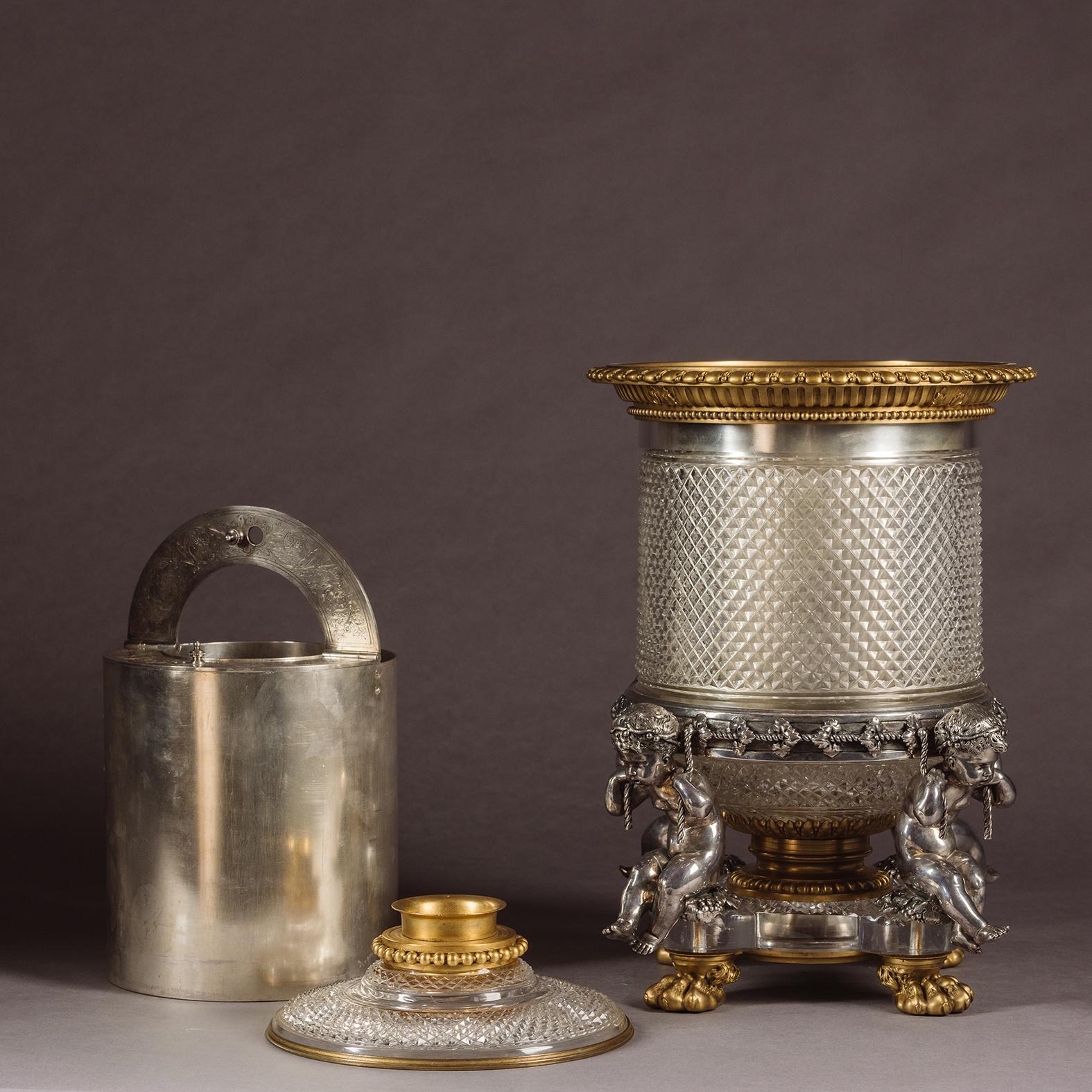 A Cut-Crystal Glass, Gilt and Silvered Bronze Wine Cooler, By Baccarat For Sale 1