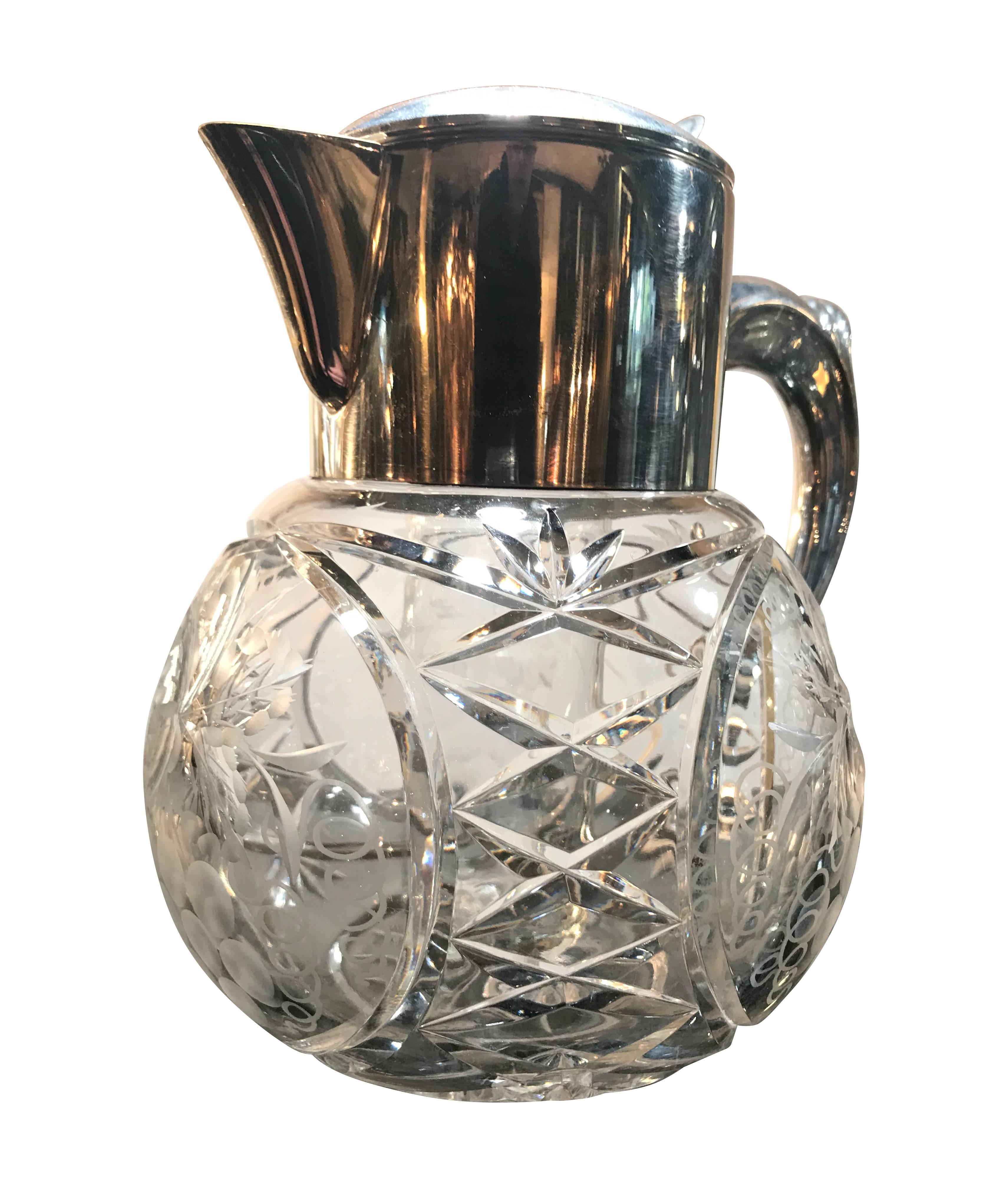 Mid-20th Century Cut Glass and Silver Plated Lemonade or Cocktail Jug