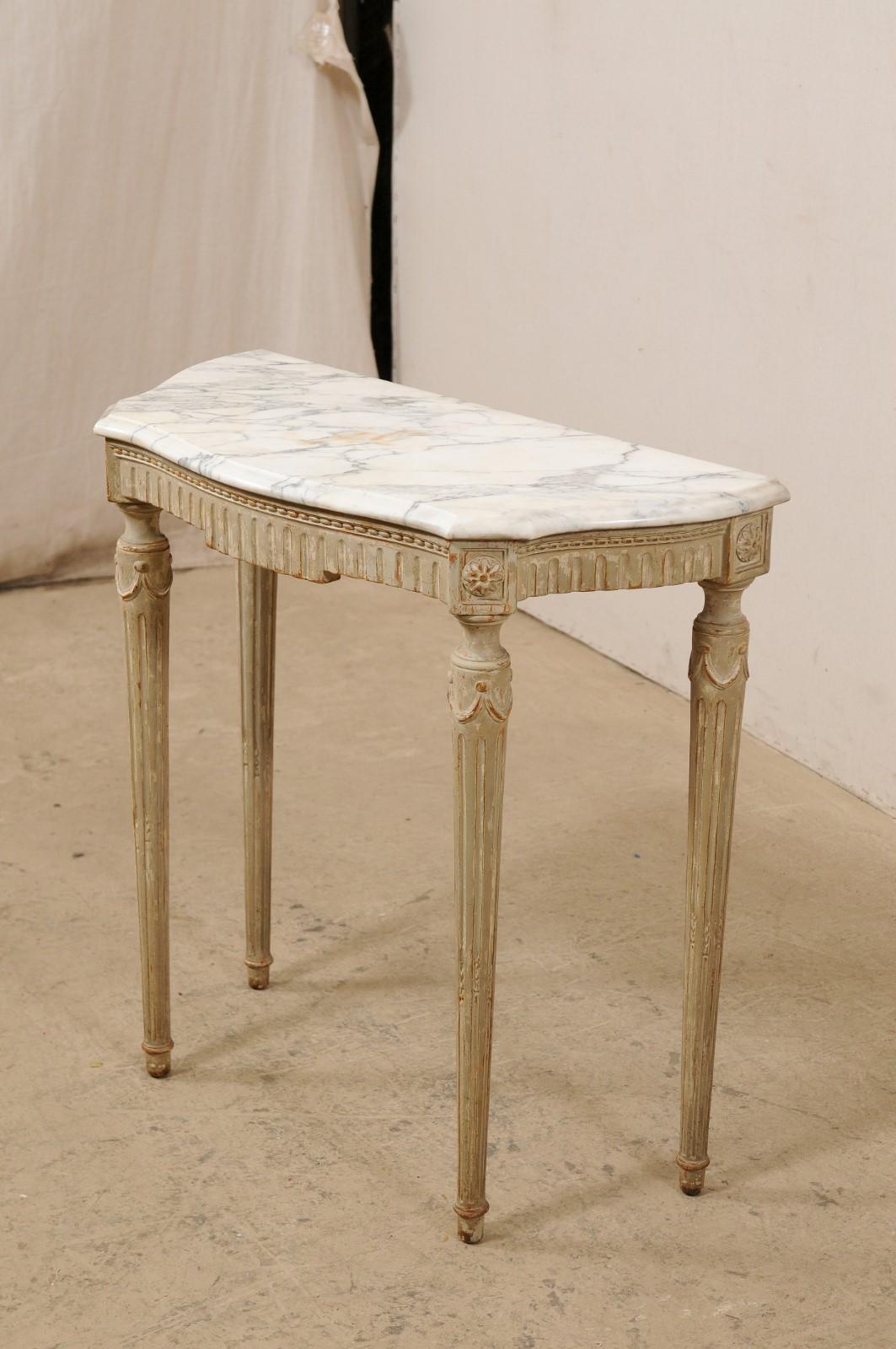 20th Century Cute Sized French Marble Top & Carved Wood Console Table, Turn of 19th/20th C.
