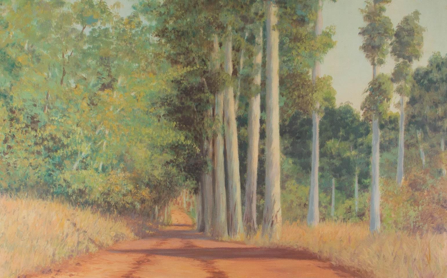 A fine and impressively sized oil landscape showing a dirt track on a hot Summer's day with tall trees casting dappled shadows onto the dry earth below. The artist has signed and dated to the lower left corner. The painting has been presented in an
