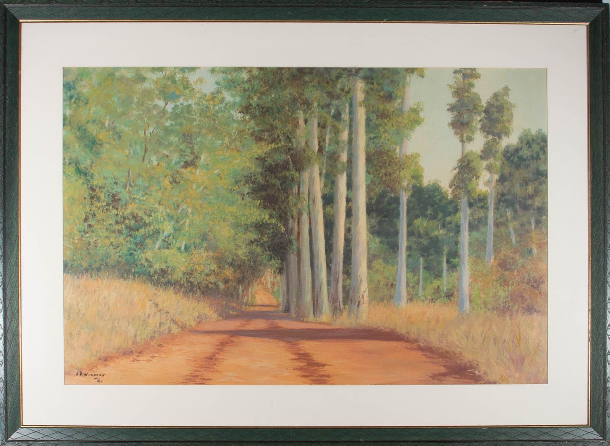 A fine and impressively sized oil landscape showing a dirt track on a hot Summer's day with tall trees casting dappled shadows onto the dry earth below. The artist has signed and dated to the lower left corner. The painting has been presented in an