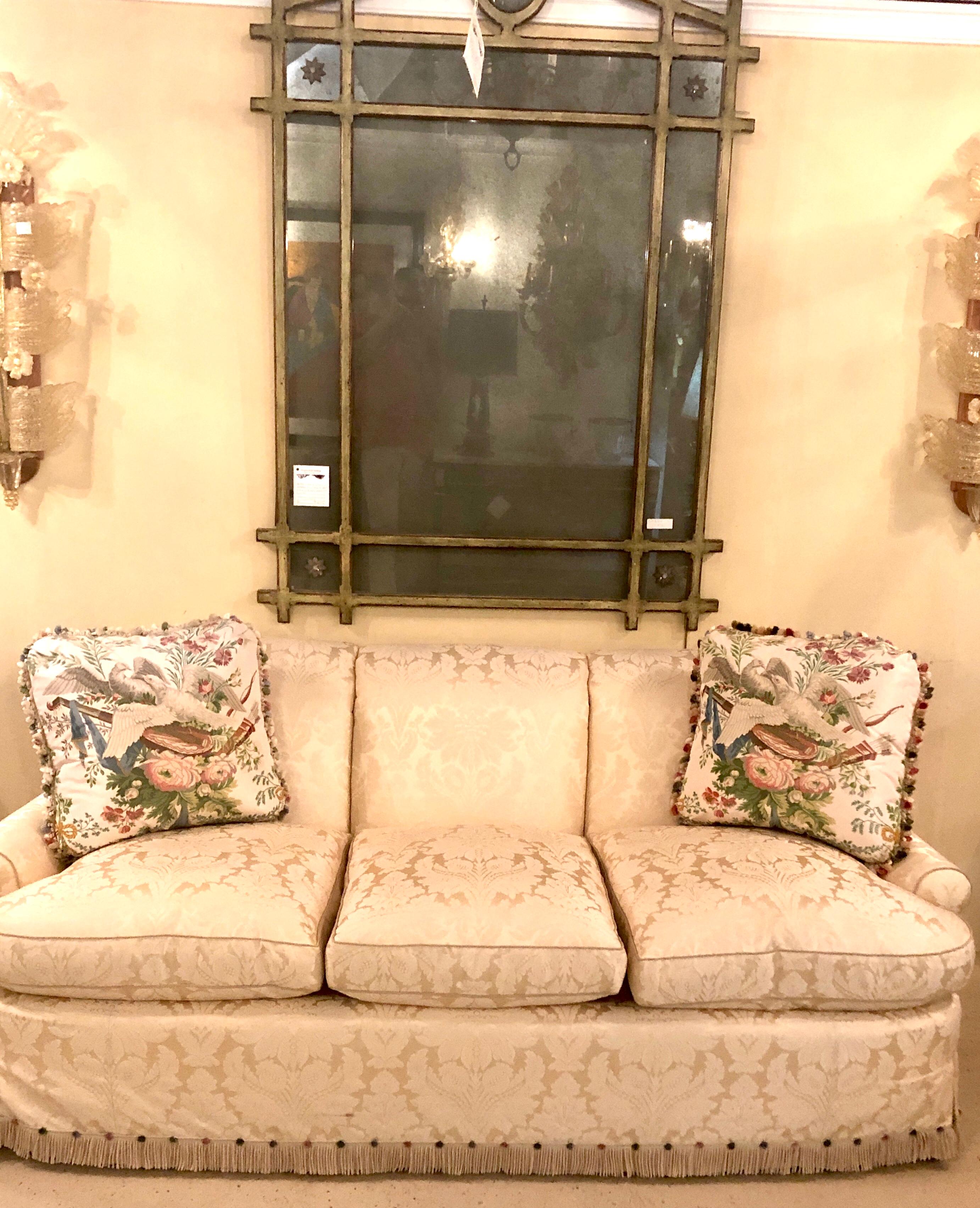 Neoclassical Damask Finely Upholstered Couch or Sofa Having Two Custom Cushions