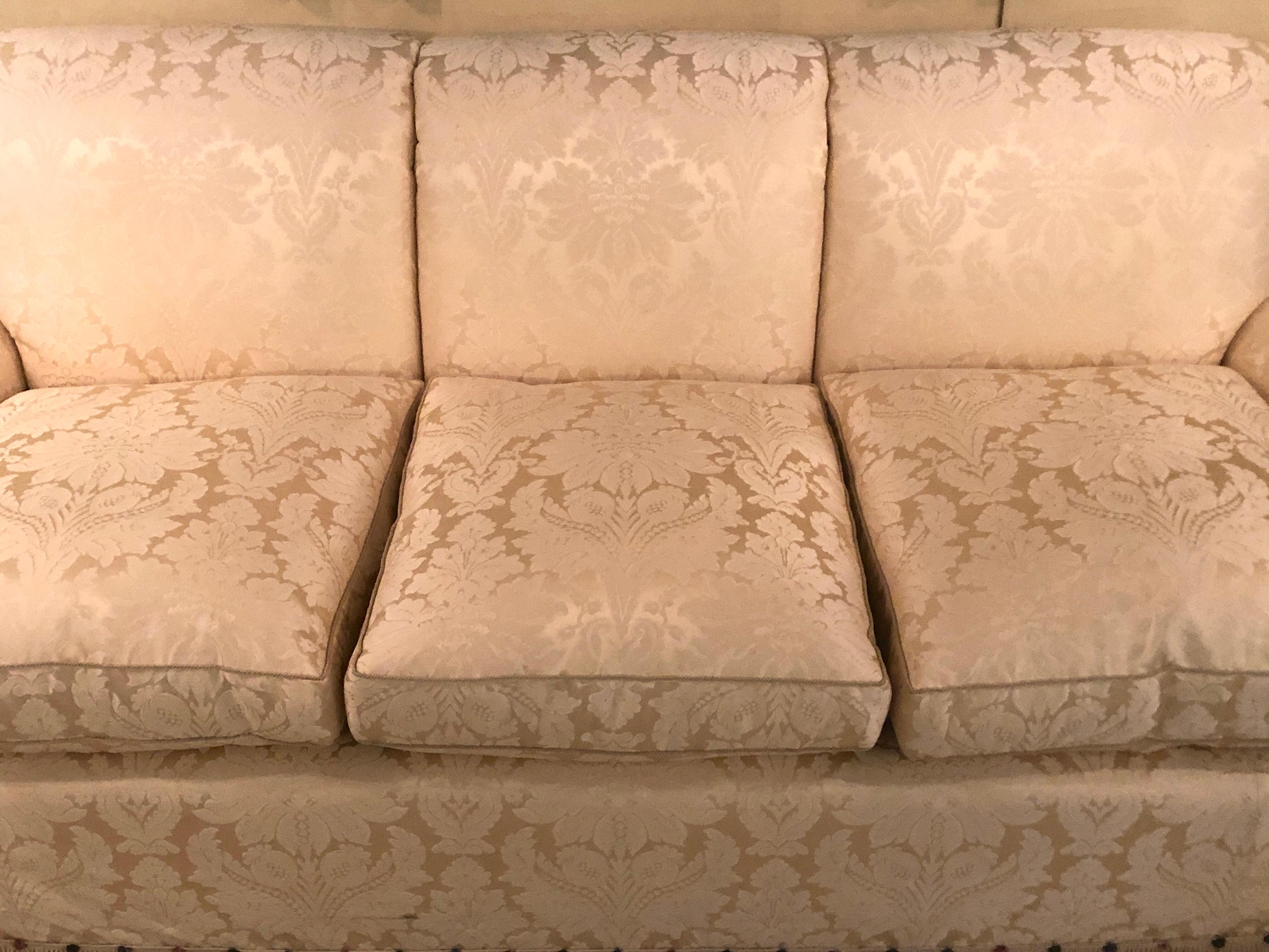 Damask Finely Upholstered Couch or Sofa Having Two Custom Cushions In Good Condition In Stamford, CT