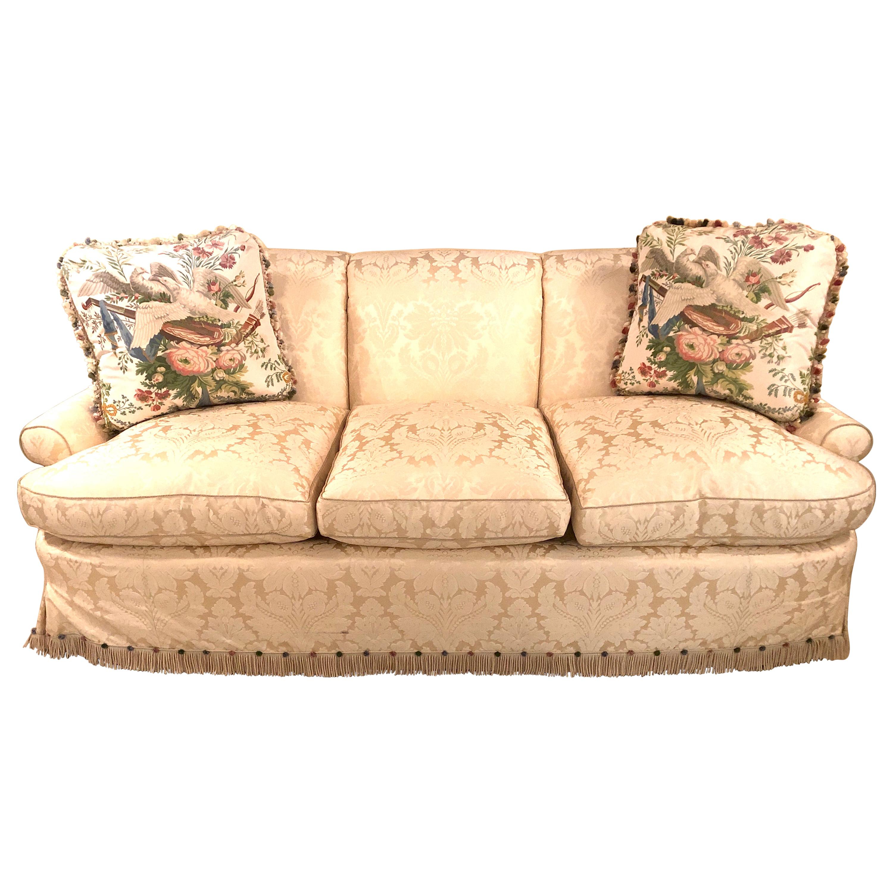 Damask Finely Upholstered Couch or Sofa Having Two Custom Cushions