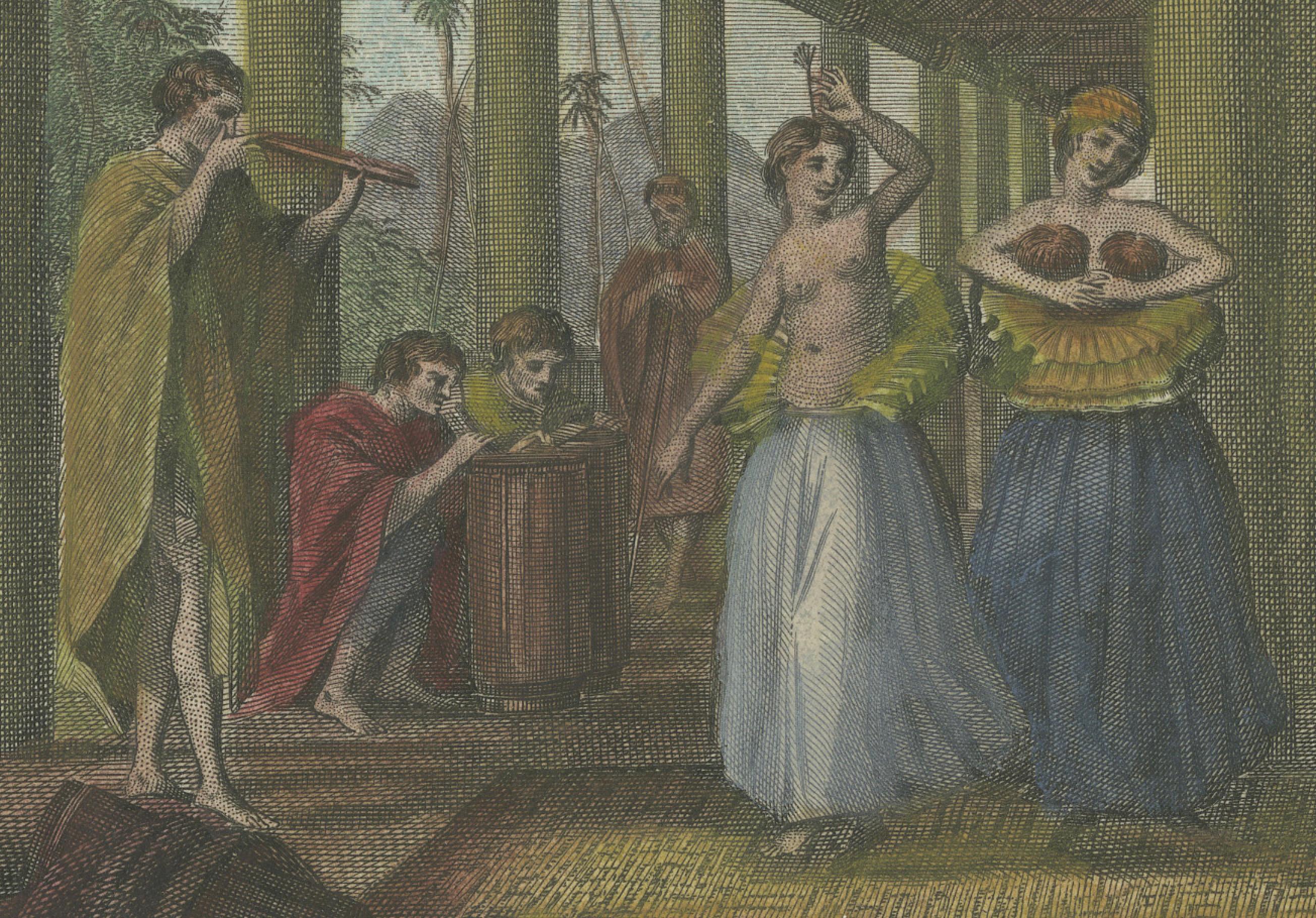 Engraved A Dance at Ulietea – Society Islands Scene from Cook’s Voyages, c.1784 For Sale