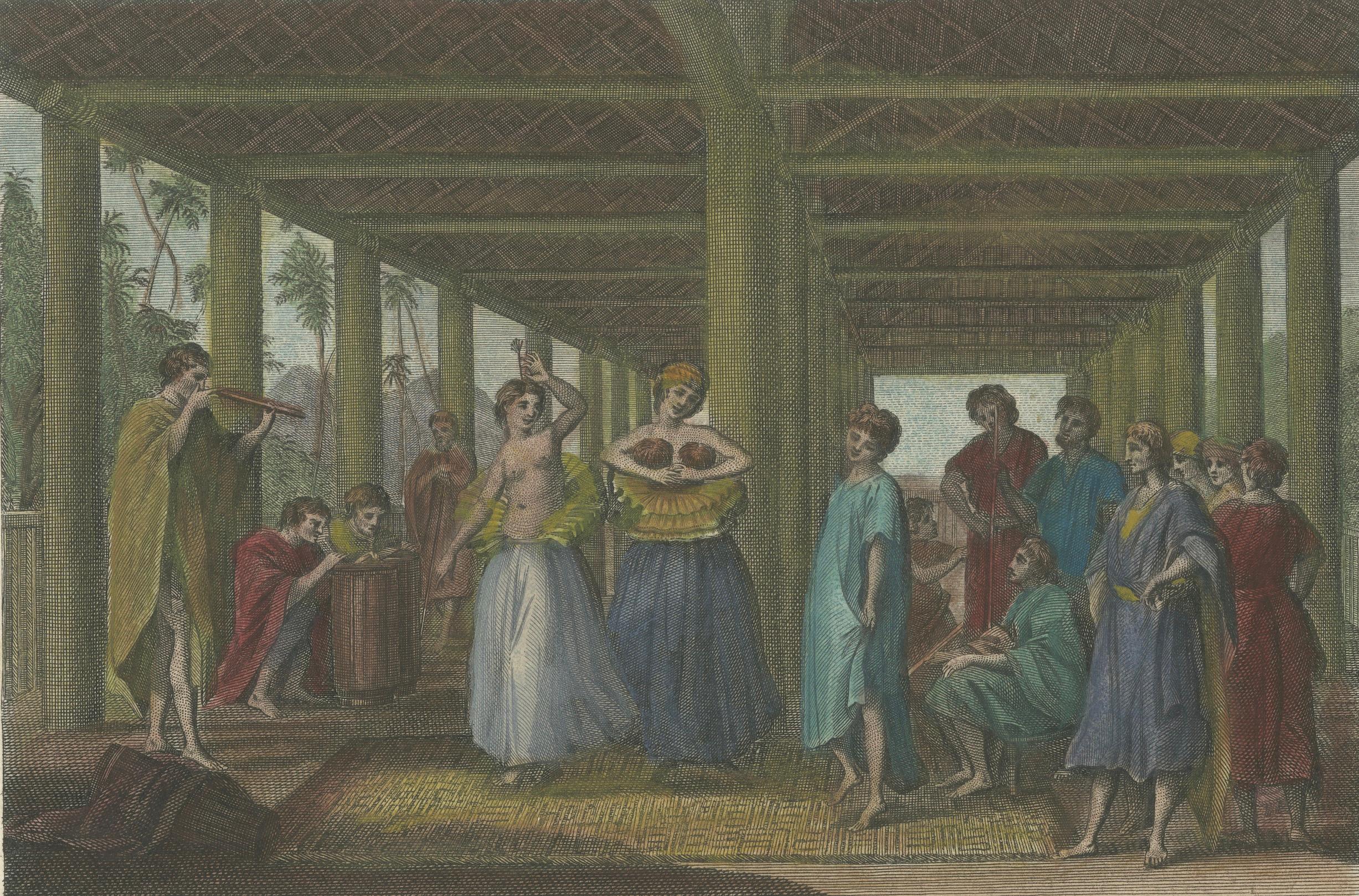 A Dance at Ulietea – Society Islands Scene from Cook’s Voyages, c.1784 In Good Condition For Sale In Langweer, NL