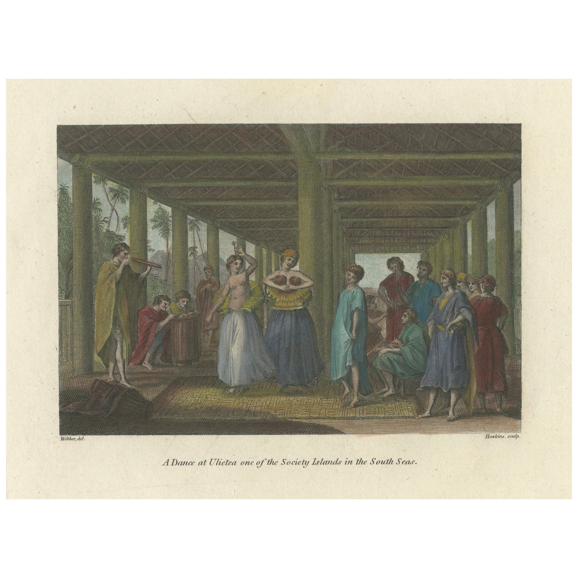 Ein Tanz in Ulietea - Szene der Gesellschaftsinseln aus Cooks Reisen, um 1784 im Angebot