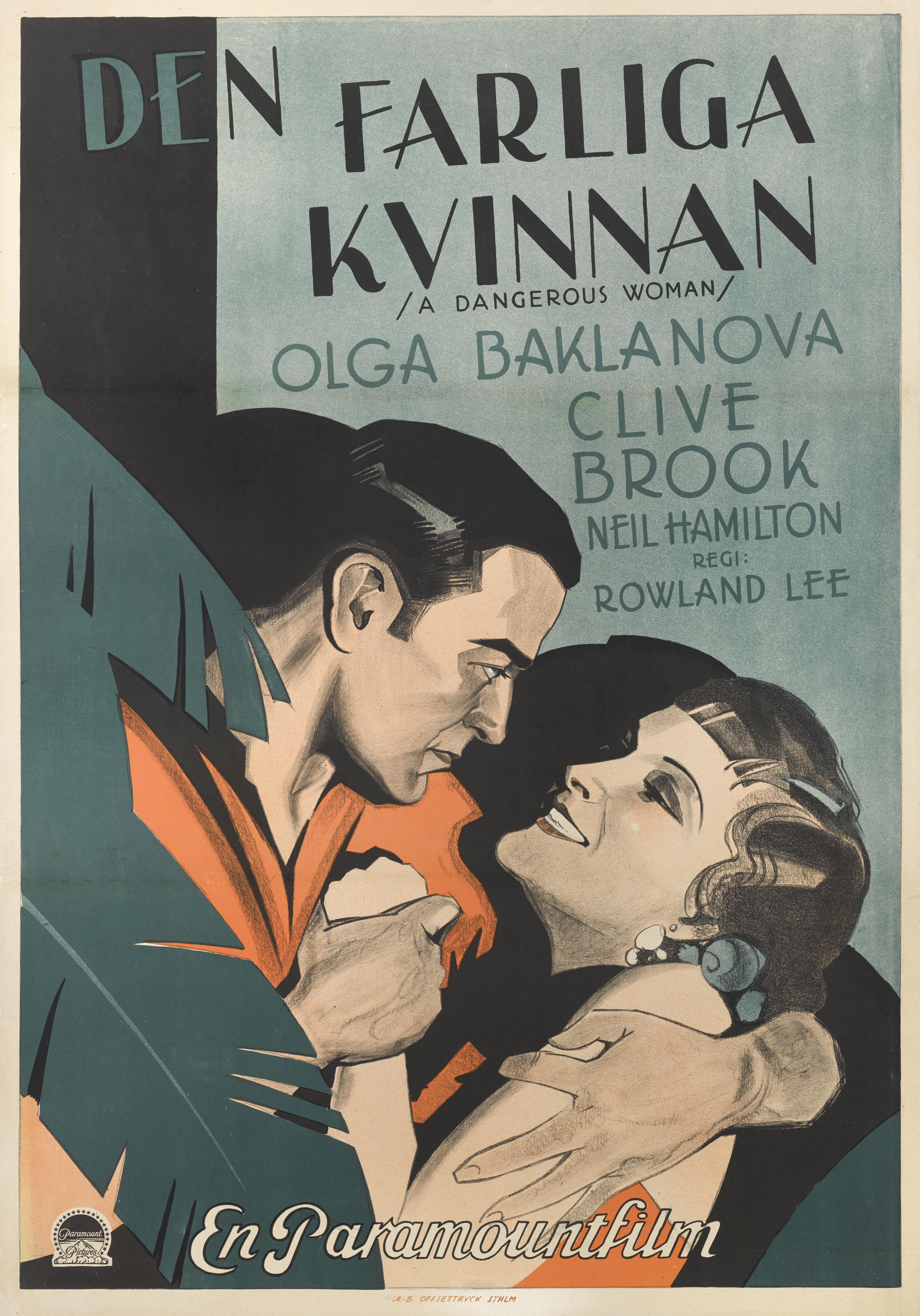 Original Swedish film poster for the 1929 American drama film A Dangerous Woman.
The film was directed by Gerald Grove and Rowland V. Lee and starred Clive Brook and Olge Baclanova
This Swedish poster was created for the films first Swedish