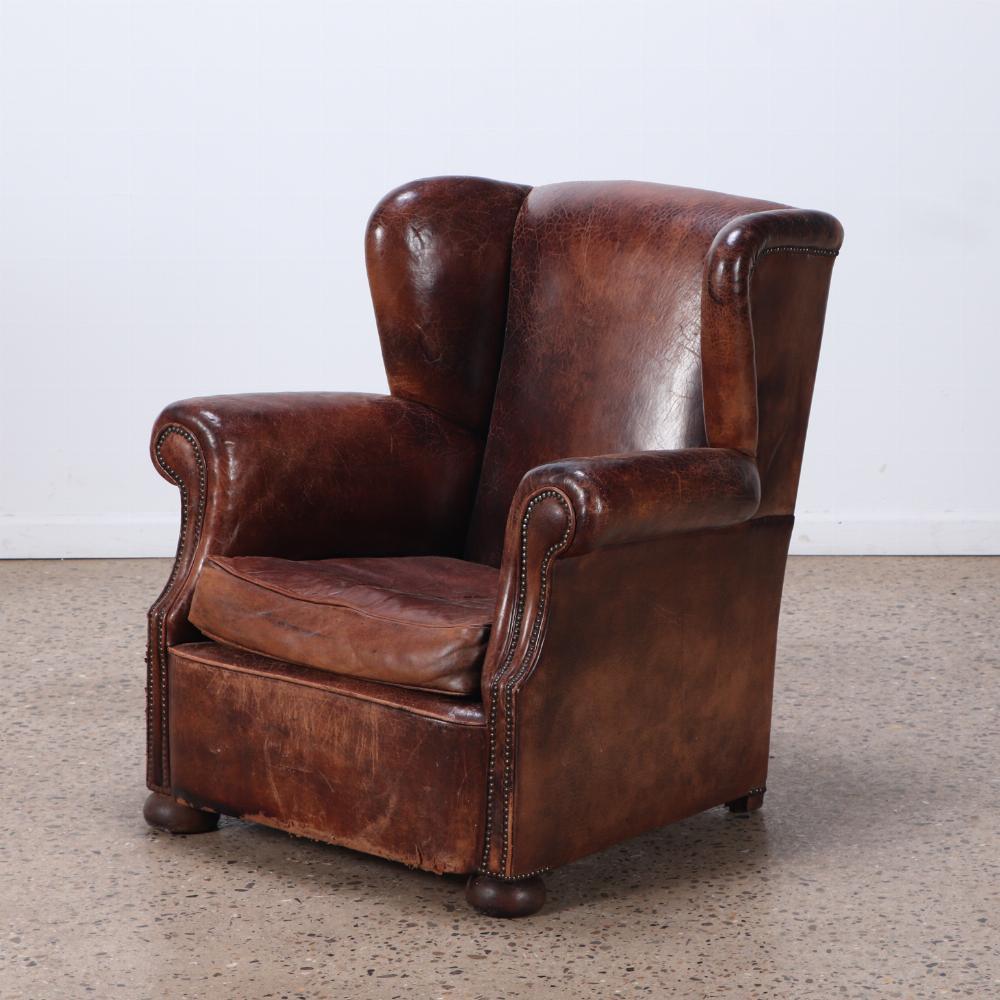 A Danish Leather Wing Chair, C. 1950. For Sale 1