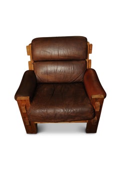 Danish Mid-Century Modern Dark Brown Leather and Pine Rustic Armchair