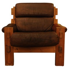 Danish Mid-Century Modern Dark Brown Leather and Pine Rustic Armchair