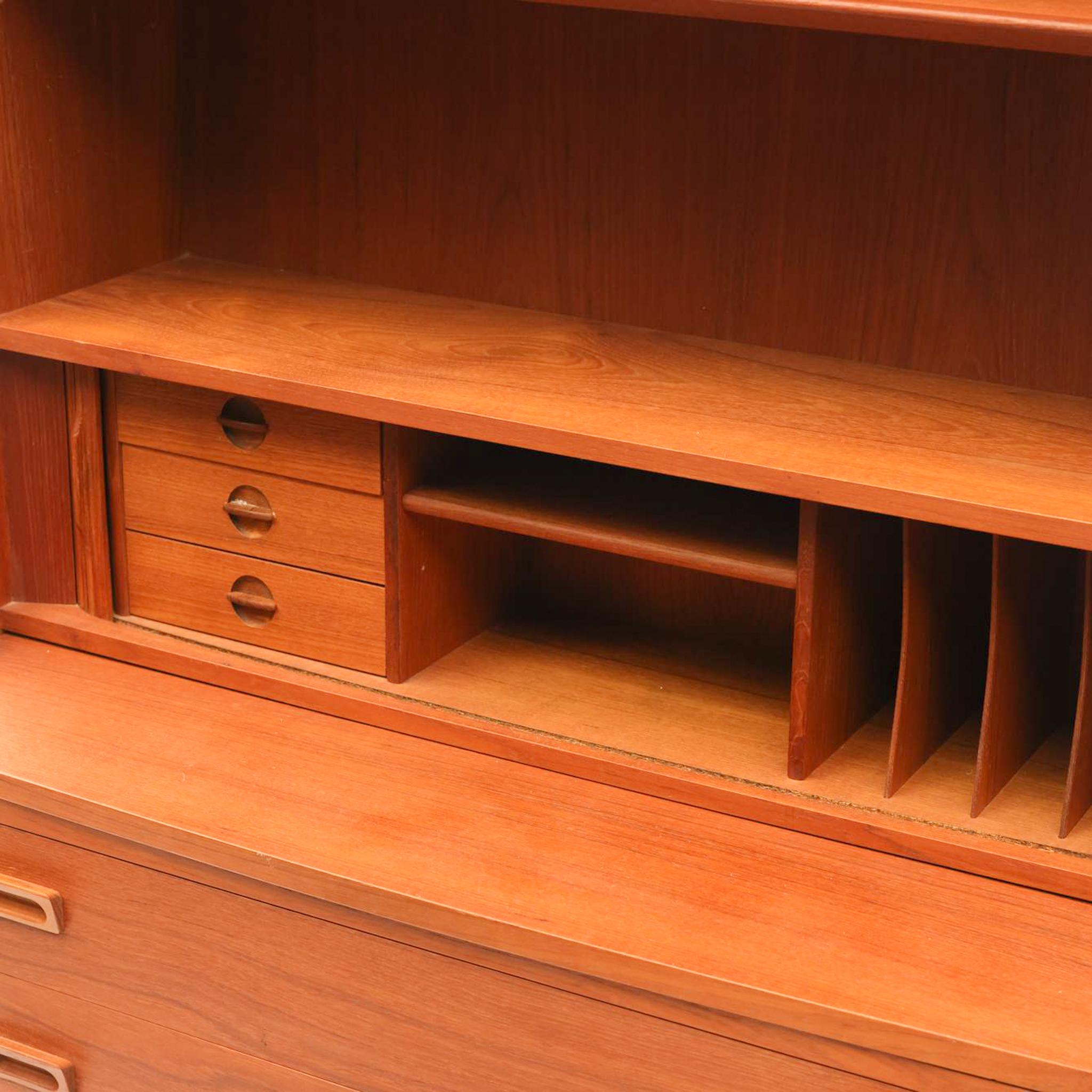 Danish Modern Teak Secretaire Bookcase with Tambour Doors by Johannes Sorth 1