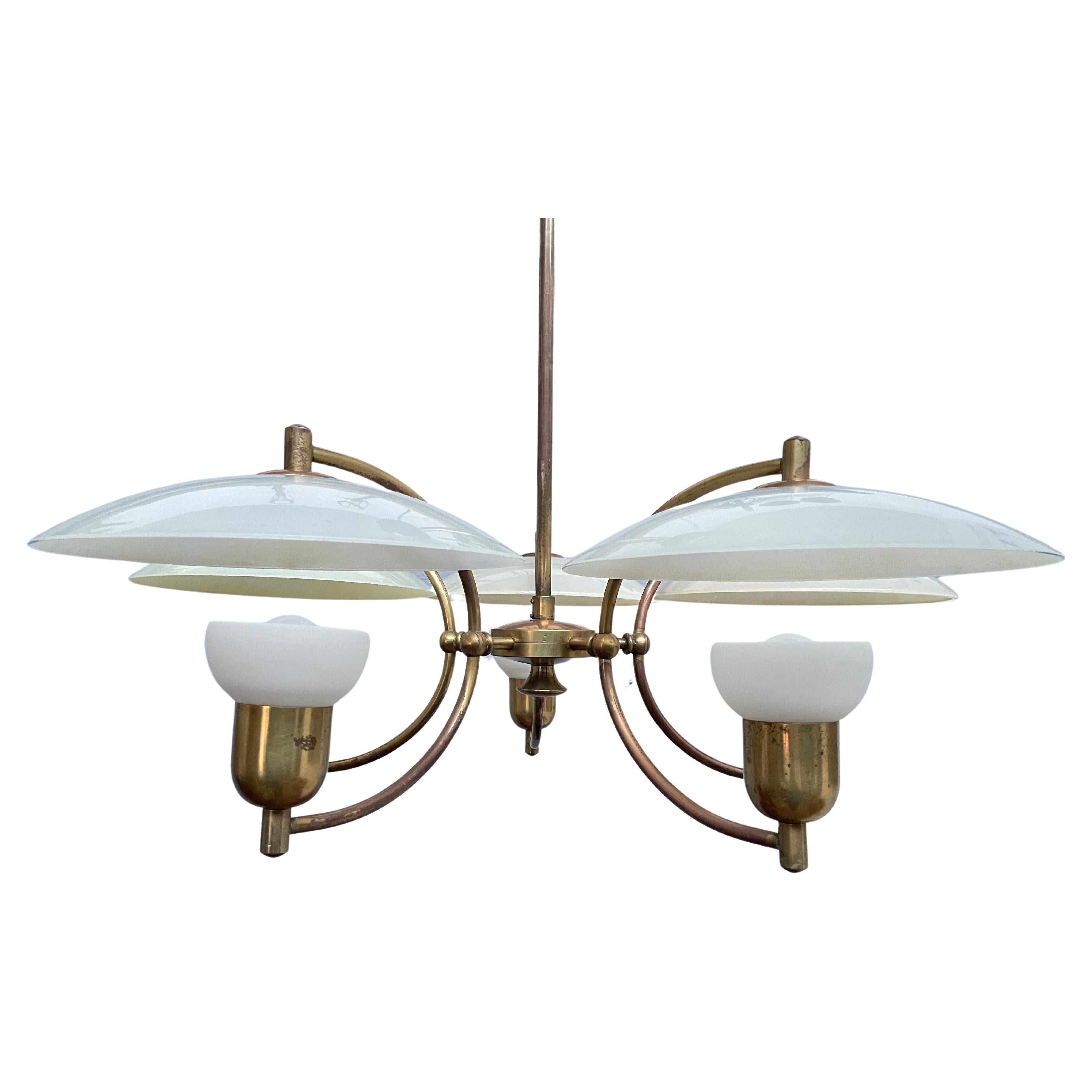 A Danish Pendant By Voss Of Fredeicia In Brass With Glass Shades 