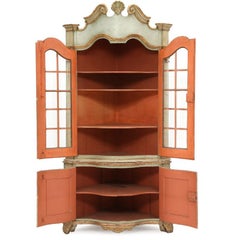 Danish Rococo Giltwood and Painted Corner Vitrine Cupboard, Mid-18th Century