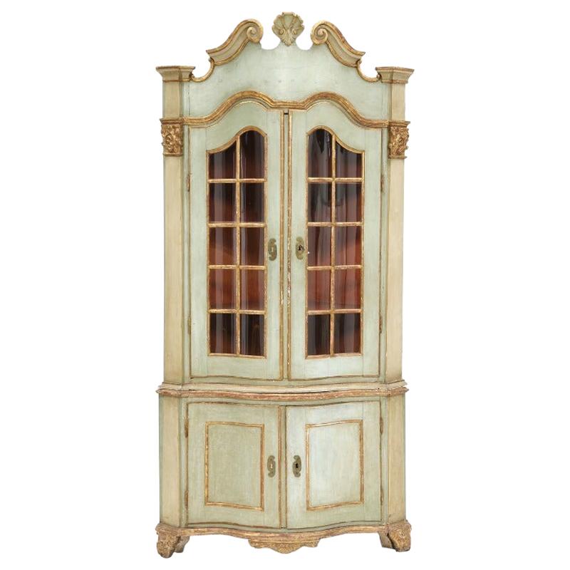 Danish Rococo Giltwood and Painted Corner Vitrine Cupboard, Mid-18th Century