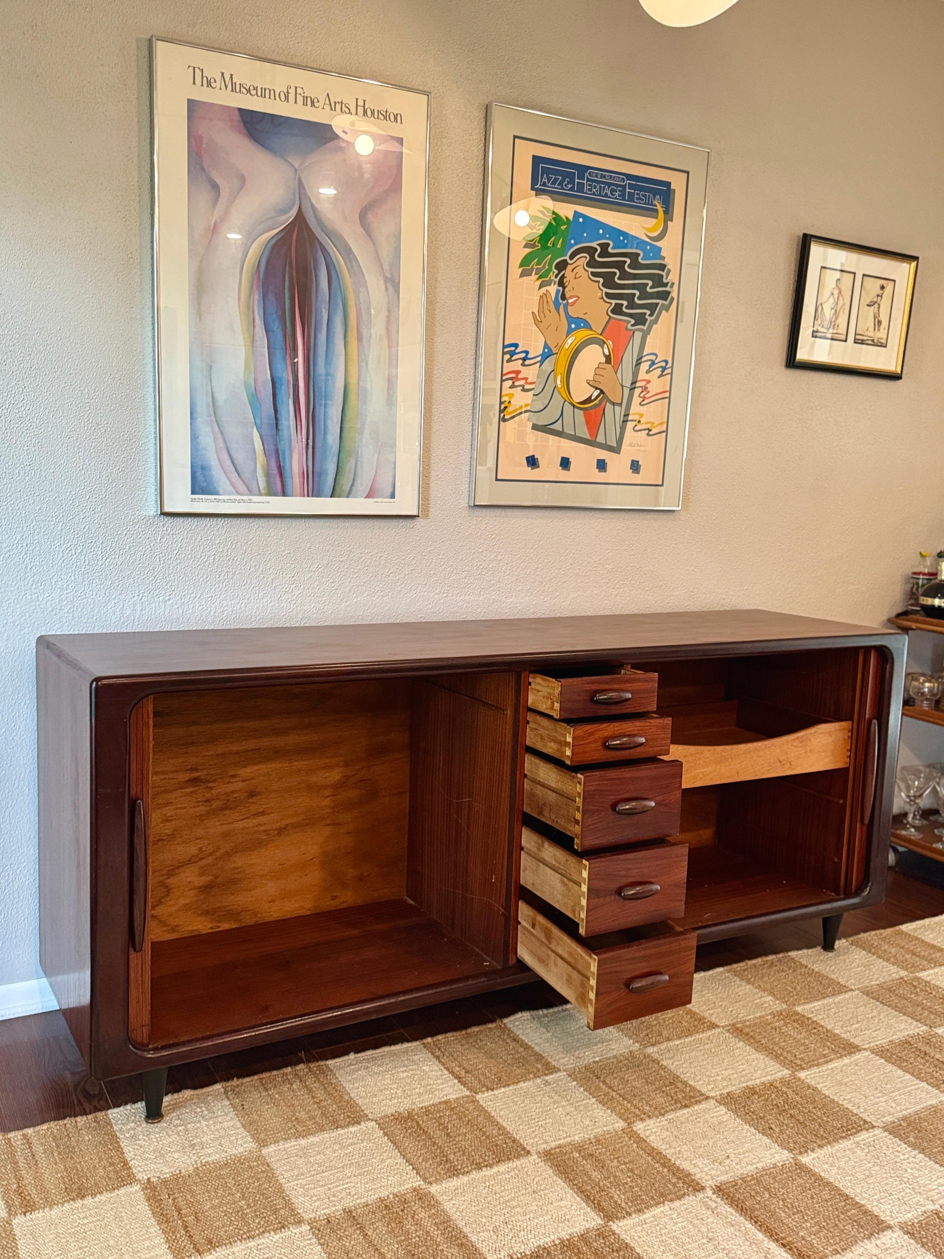 A Danish tambour door credenza made of Brazilian Rosewood by Dyrlund, circa 1960 In Good Condition For Sale In Houston, TX