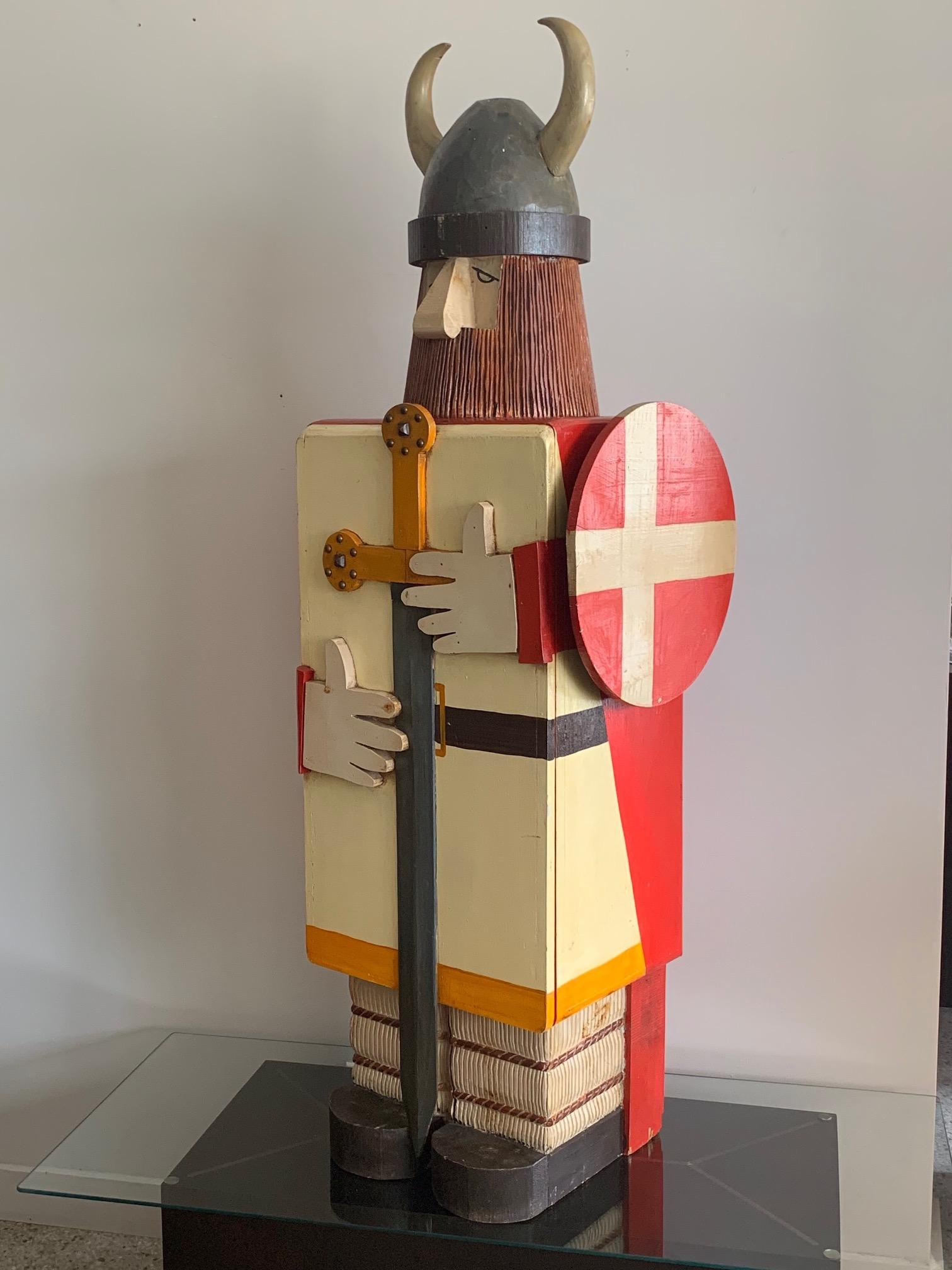 A very unusual, hand painted bar cabinet, as a Danish Viking, made in Italy. Striking naive/modern style, humorous and direct. The back is finished and painted as well.