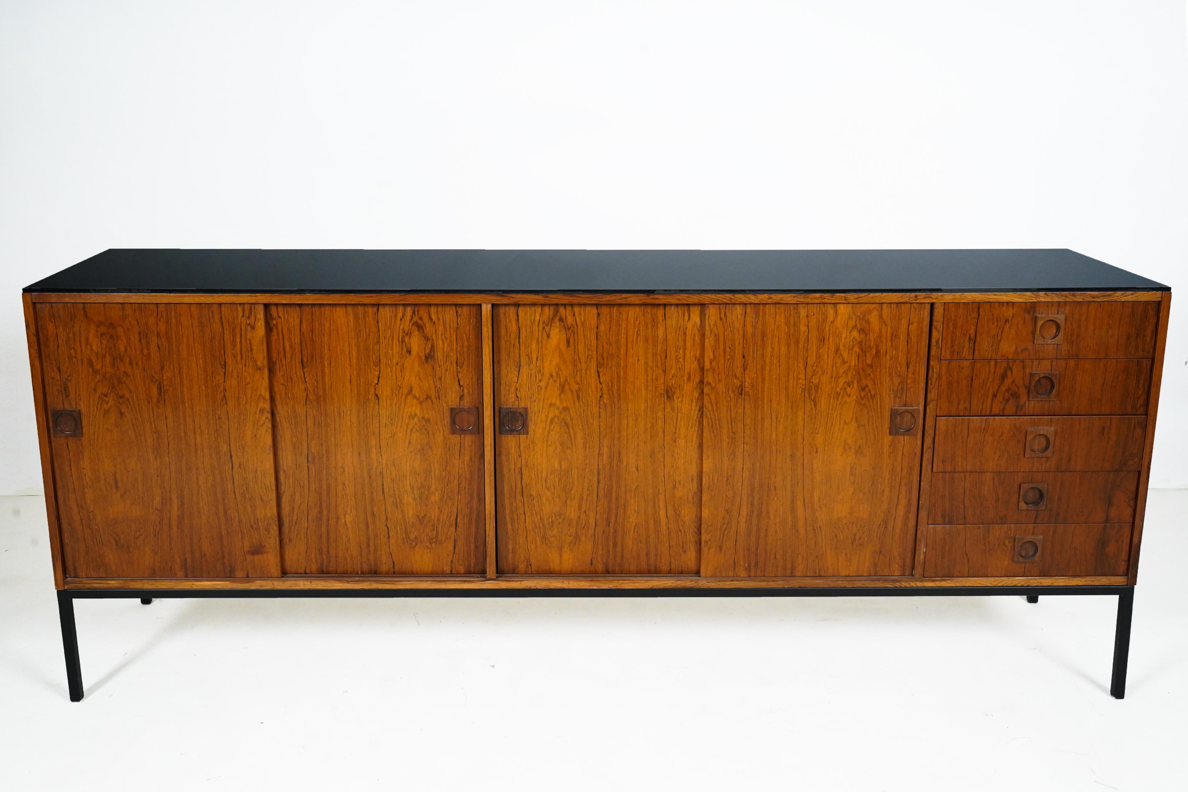 Danish Walnut Sideboard with Four Doors and Metal Legs In Good Condition For Sale In Chicago, IL