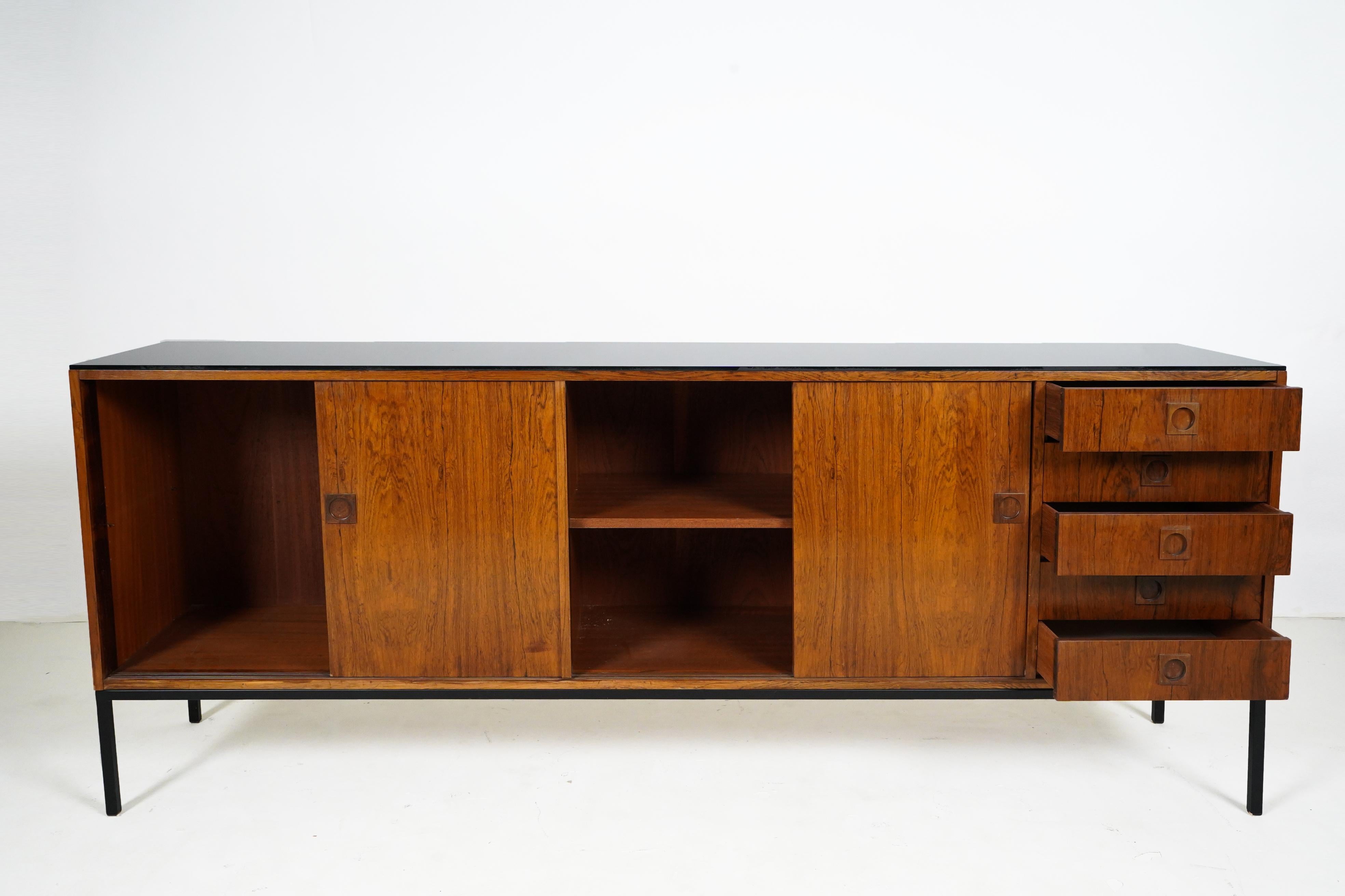 Danish Walnut Sideboard with Four Doors and Metal Legs For Sale 3