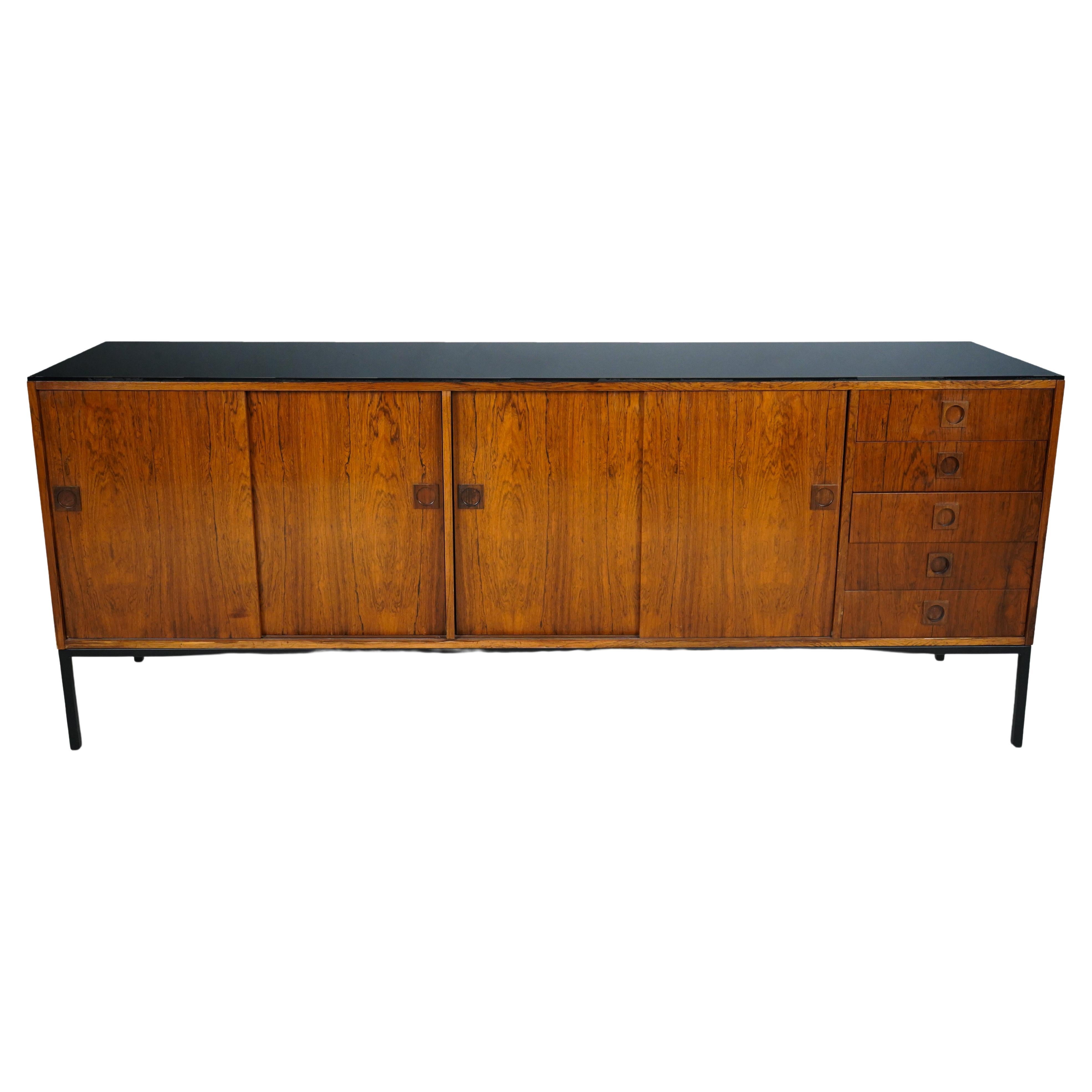 Danish Walnut Sideboard with Four Doors and Metal Legs For Sale