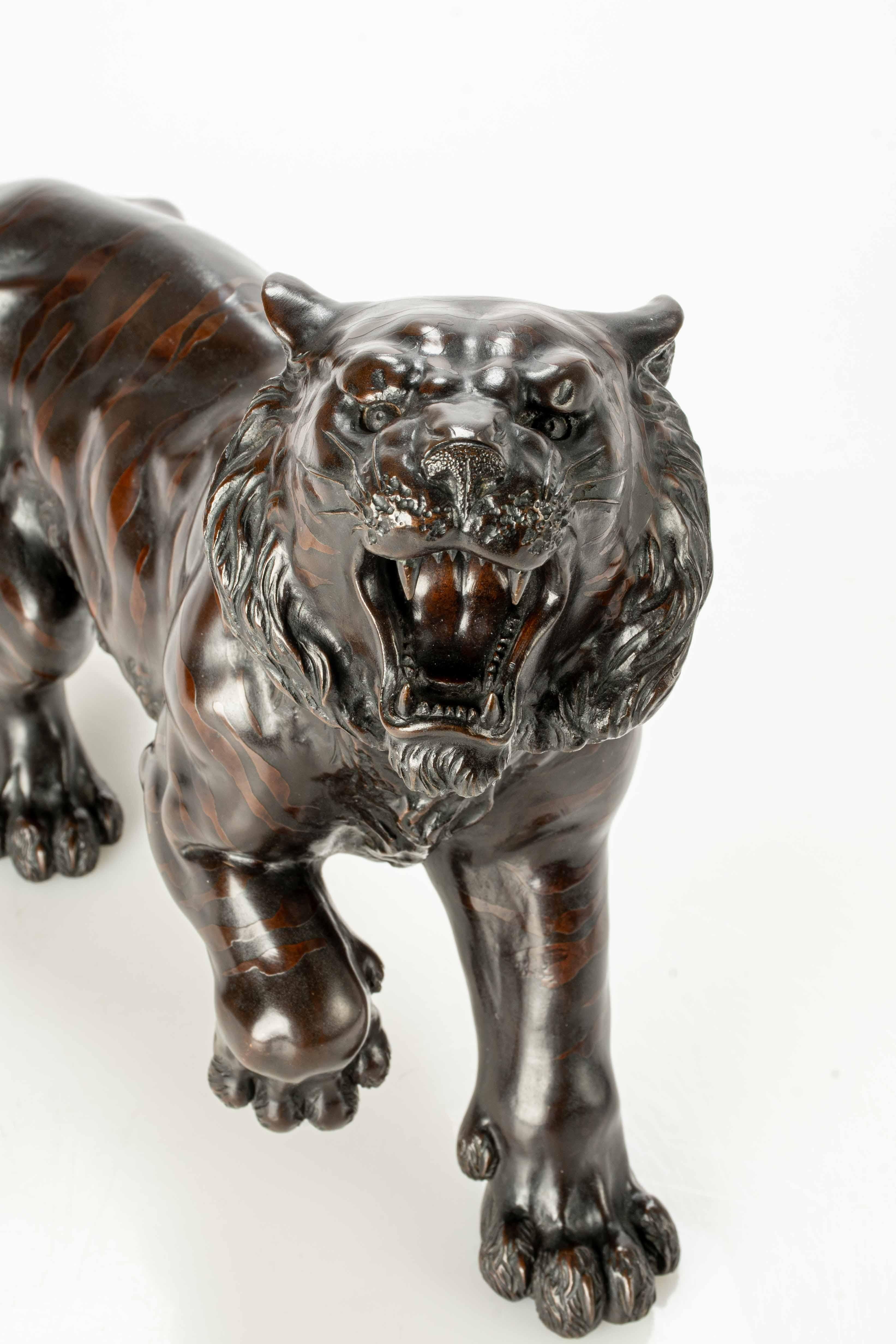 A dark patina bronze okimono depicting the study of a powerful tiger  In Excellent Condition In Milano, IT