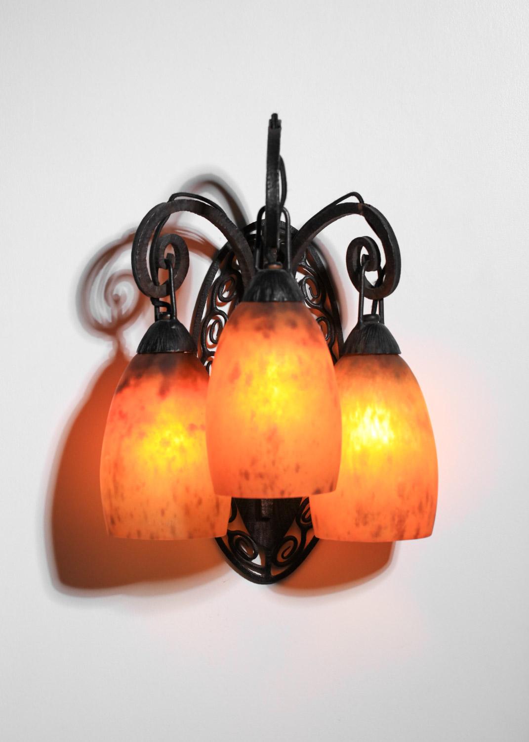 Art Deco A Daum Nancy art deco glass 3 tulips wall light in wrought iron For Sale