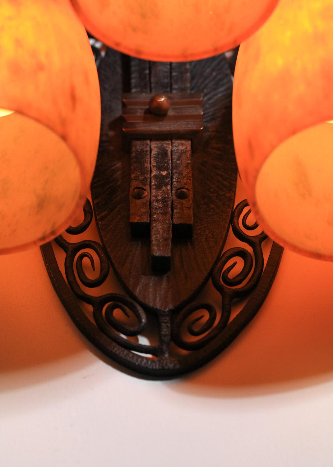 Mid-20th Century A Daum Nancy art deco glass 3 tulips wall light in wrought iron For Sale