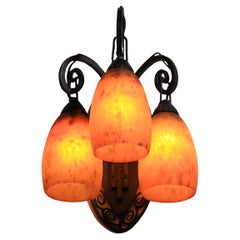 A Daum Nancy art deco glass 3 tulips wall light in wrought iron