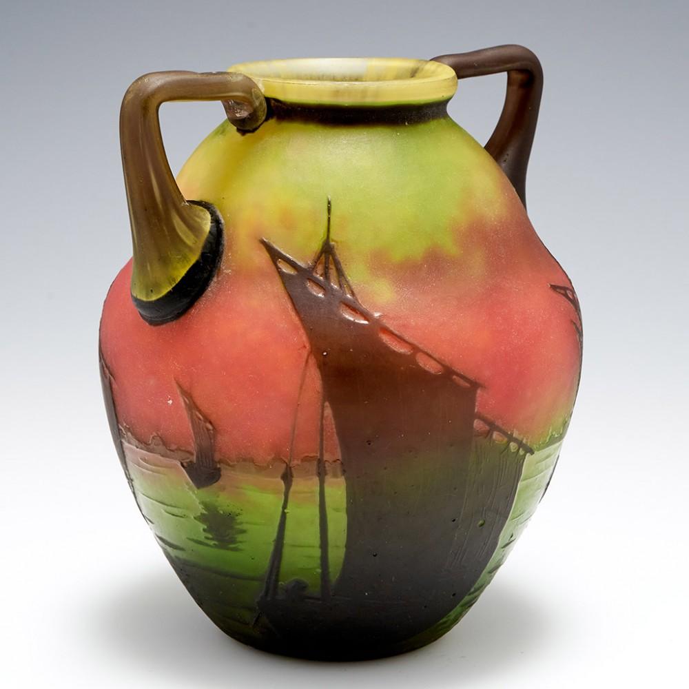Art Nouveau Daum Twin Handled Cameo Glass Vase of Sailboats at Sunset, C1910 