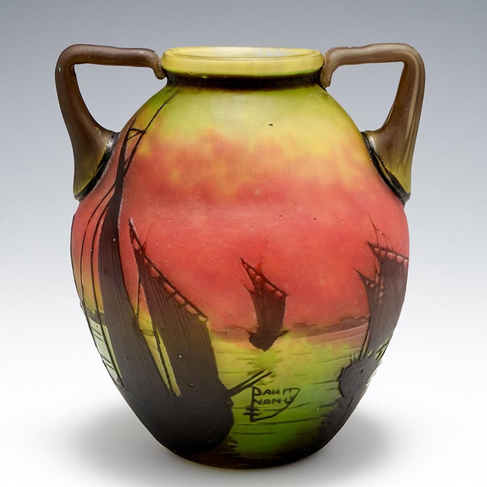 French Daum Twin Handled Cameo Glass Vase of Sailboats at Sunset, C1910 