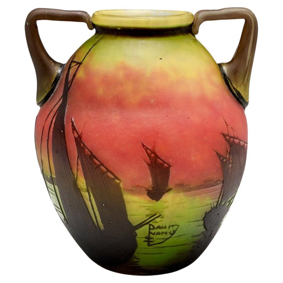 Daum Twin Handled Cameo Glass Vase of Sailboats at Sunset, C1910 