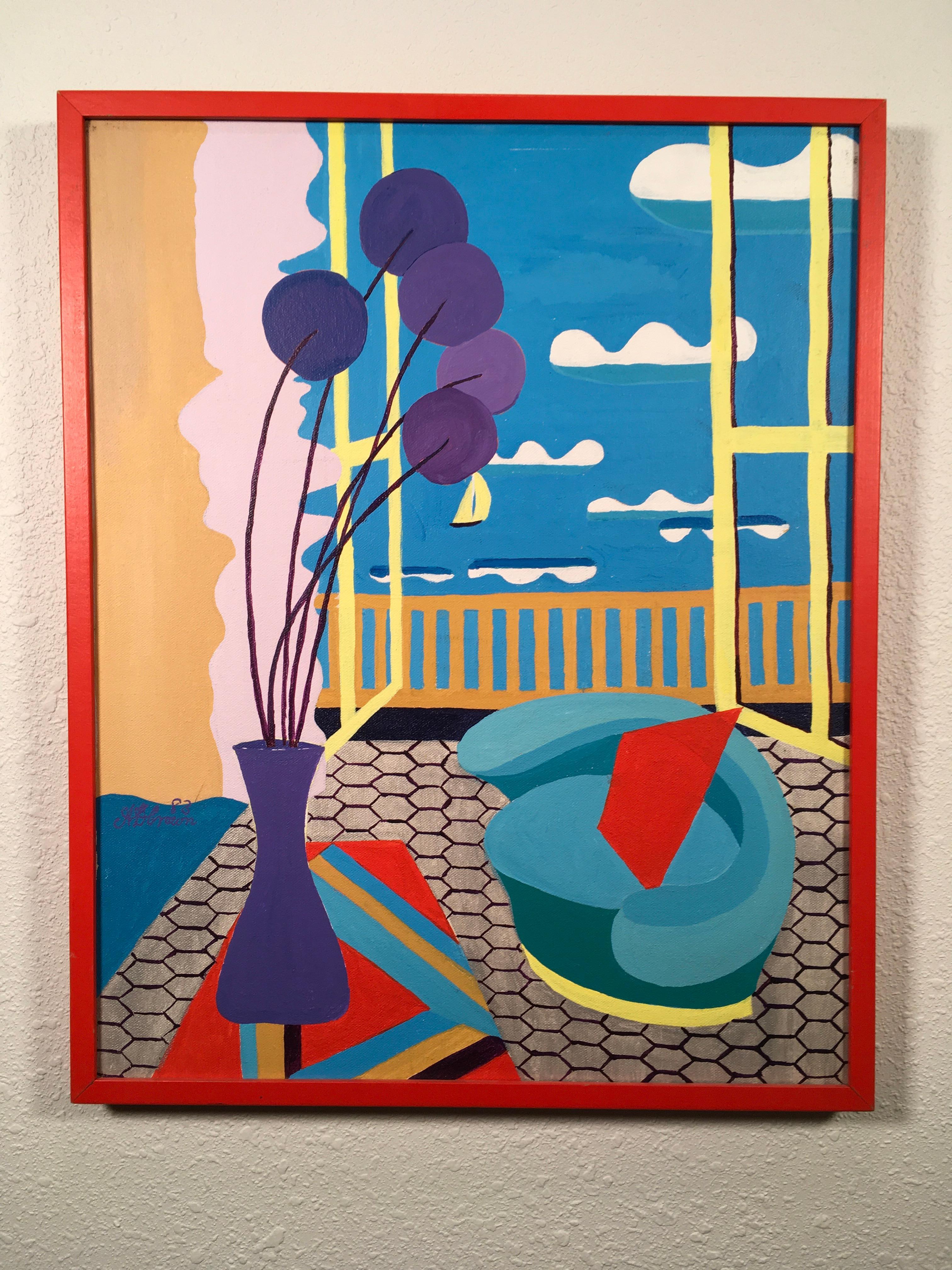 Dieses 21" x 17" große Ölgemälde auf Leinwand von David Crown zeigt eine abstrahierte Darstellung einer Innenraumszene, die reich an Farben und Details ist. Die Komposition wird von einem großen Fenster mit gelben Rahmen dominiert, das den größten