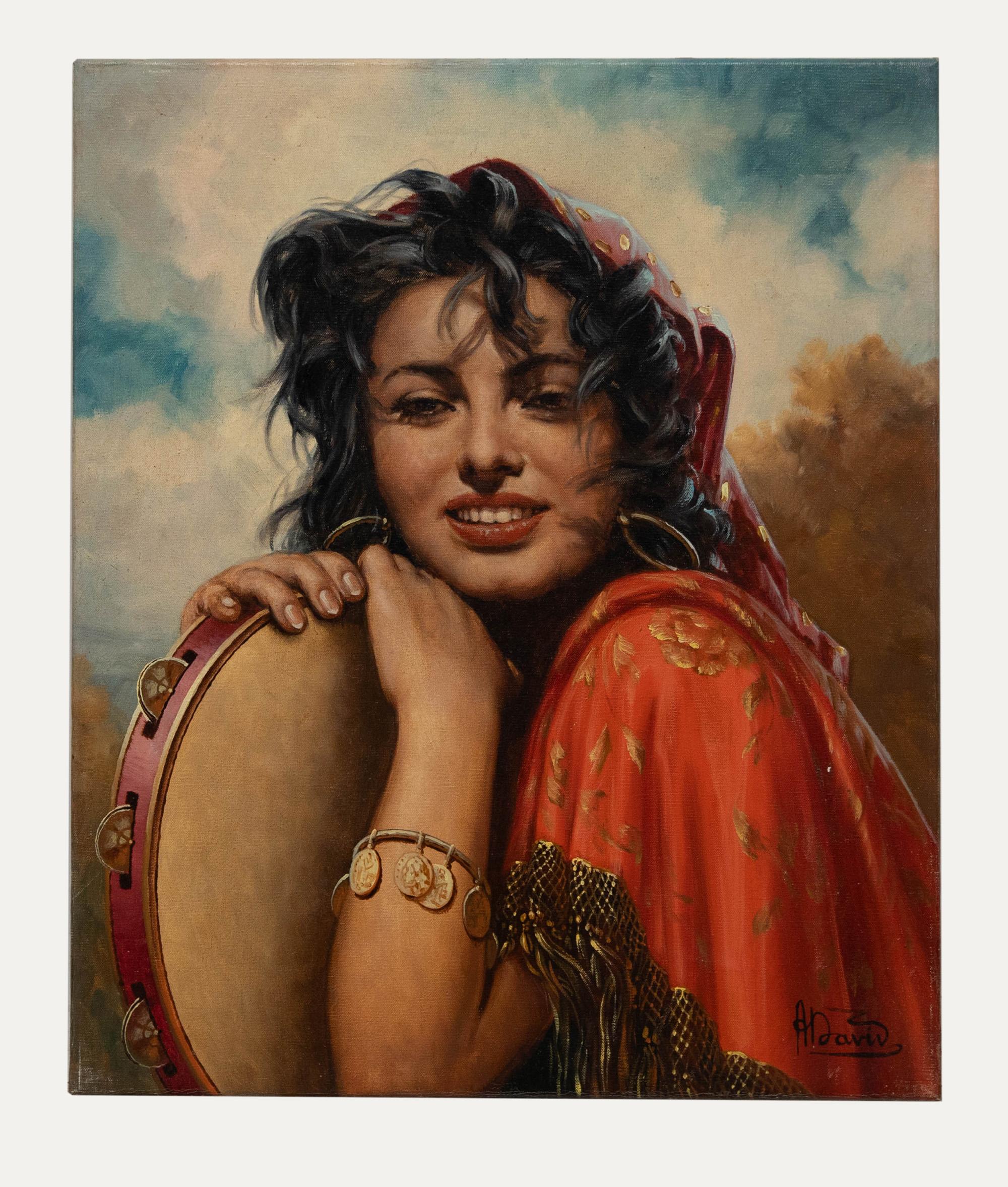 A. David - Contemporary Oil, Gypsy Lady with Tambourine For Sale 1