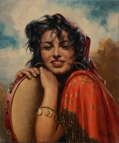 A. David - Contemporary Oil, Gypsy Lady with Tambourine