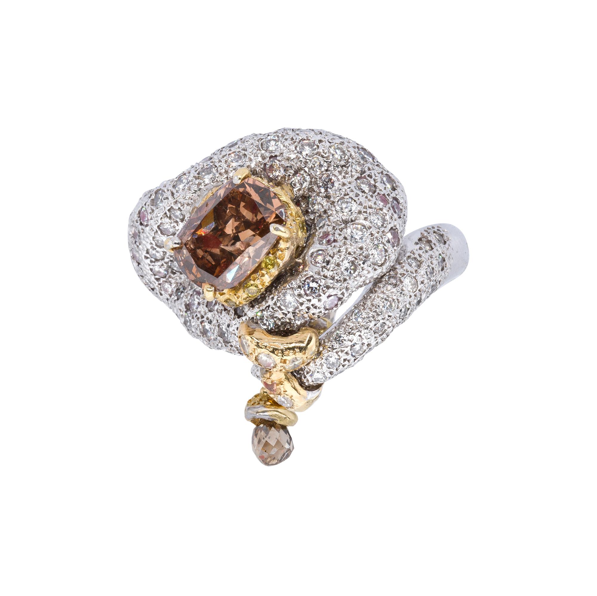 Cushion Cut d'Avossa Masterpiece Collection Ring with a Cognac Central Diamond For Sale