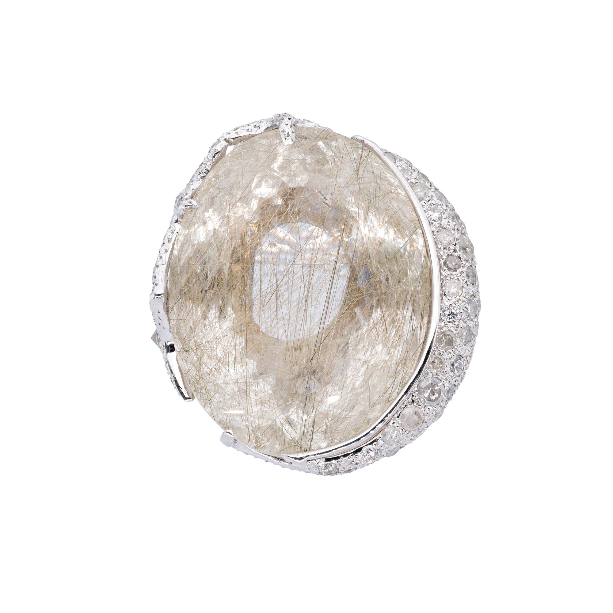 Oval Cut d'Avossa Ring with central Rutilated Quartz and Diamonds For Sale