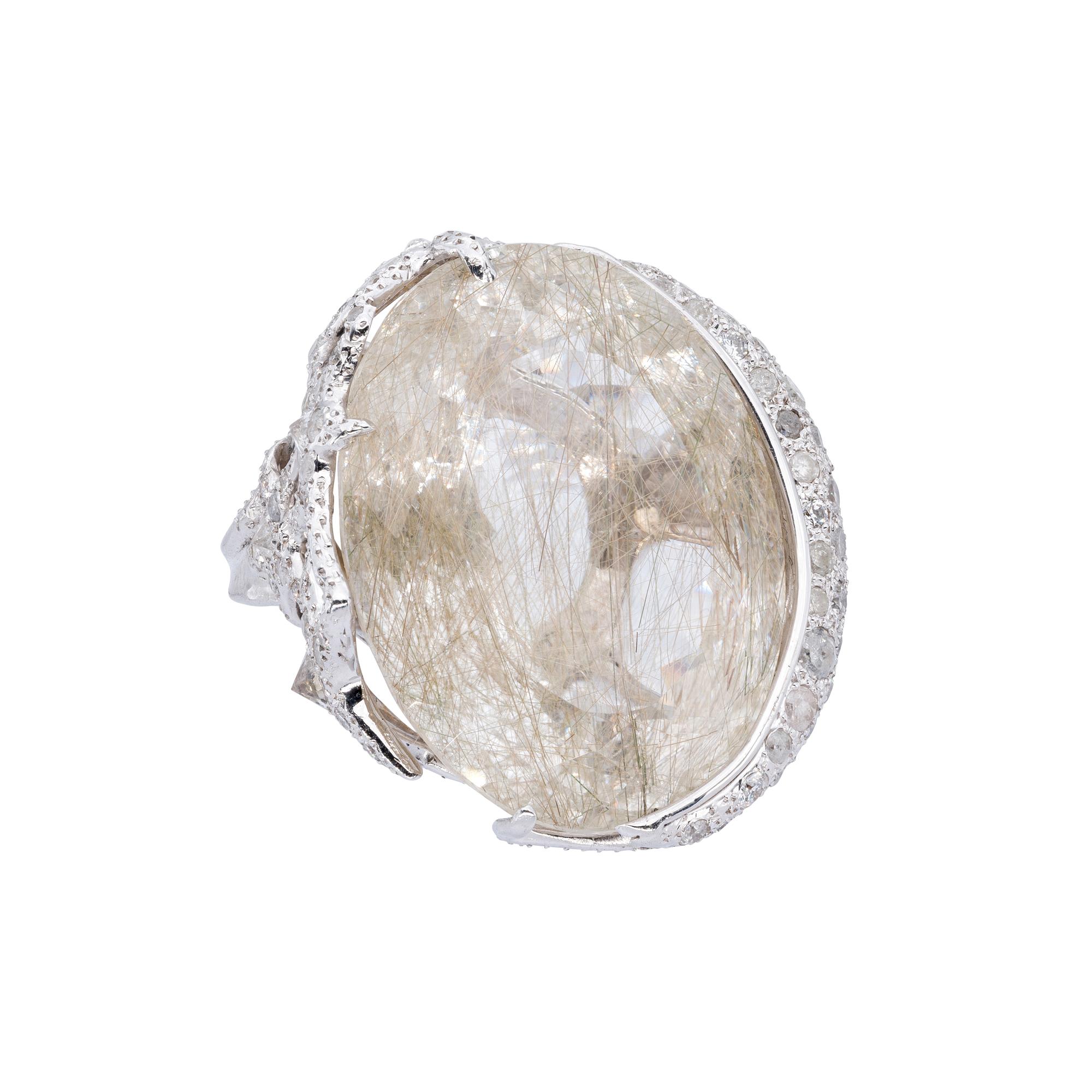 d'Avossa Ring with central Rutilated Quartz and Diamonds In New Condition For Sale In Roma, IT