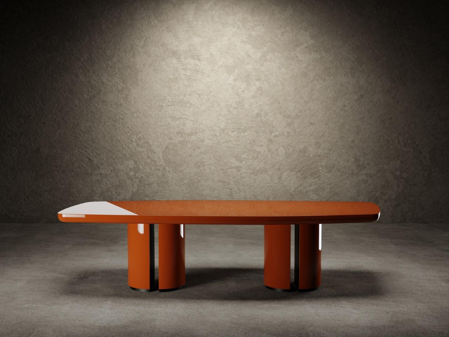 A Day In The Life dining table features a top in lightened wood lacquered, glossy or matt, in the GIOPAGANI Crayon color selection, is supported by two metal plates, which anchor the top to the feet. 
The feet are made up of two half cylinders, in