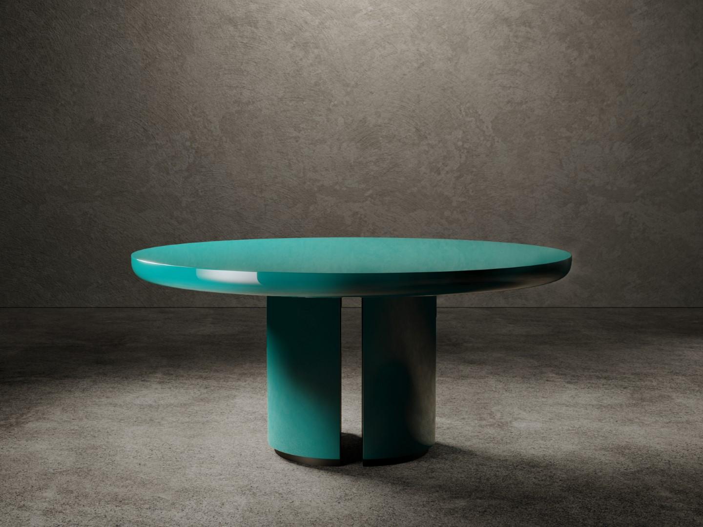 A Day In The Life dining table features a top in lightened wood lacquered, glossy or matt, in the GIOPAGANI Crayon color selection, is supported by two metal plates, which anchor the top to the feet. 
The feet are made up of two half cylinders, in