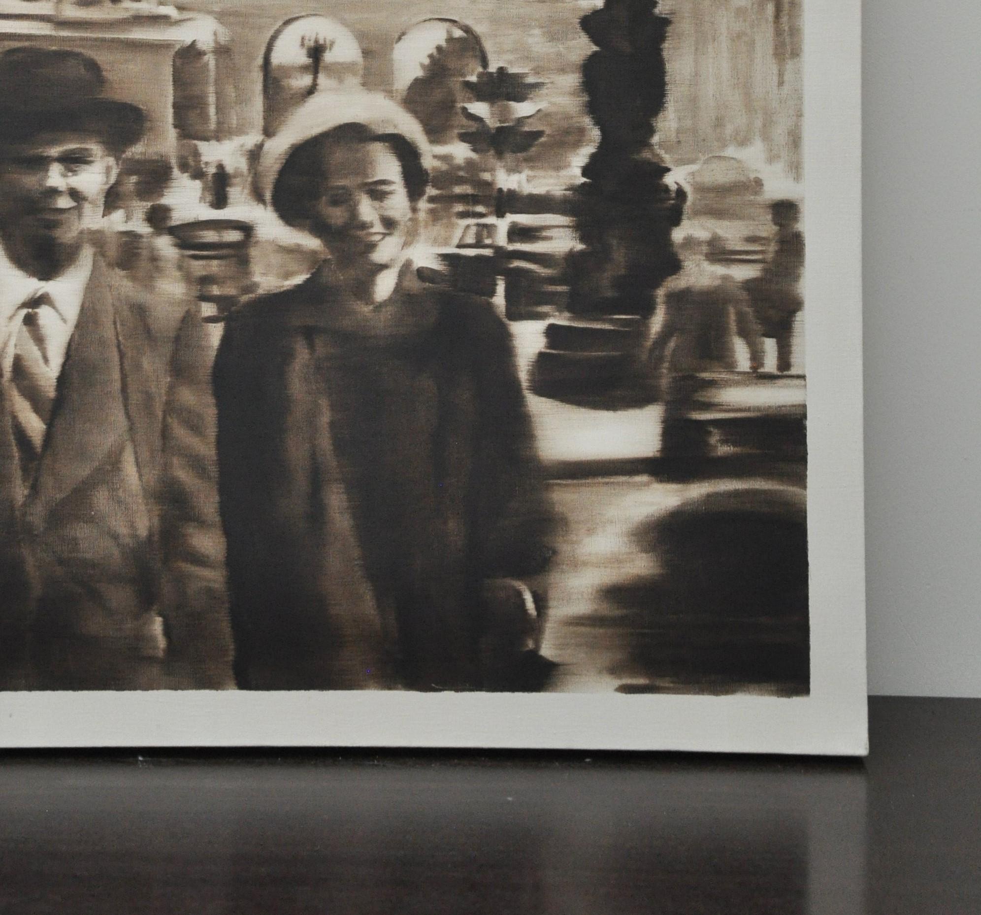 Sepia Oil Painting of Couple on a Paris Street In Good Condition For Sale In Geneva, IL